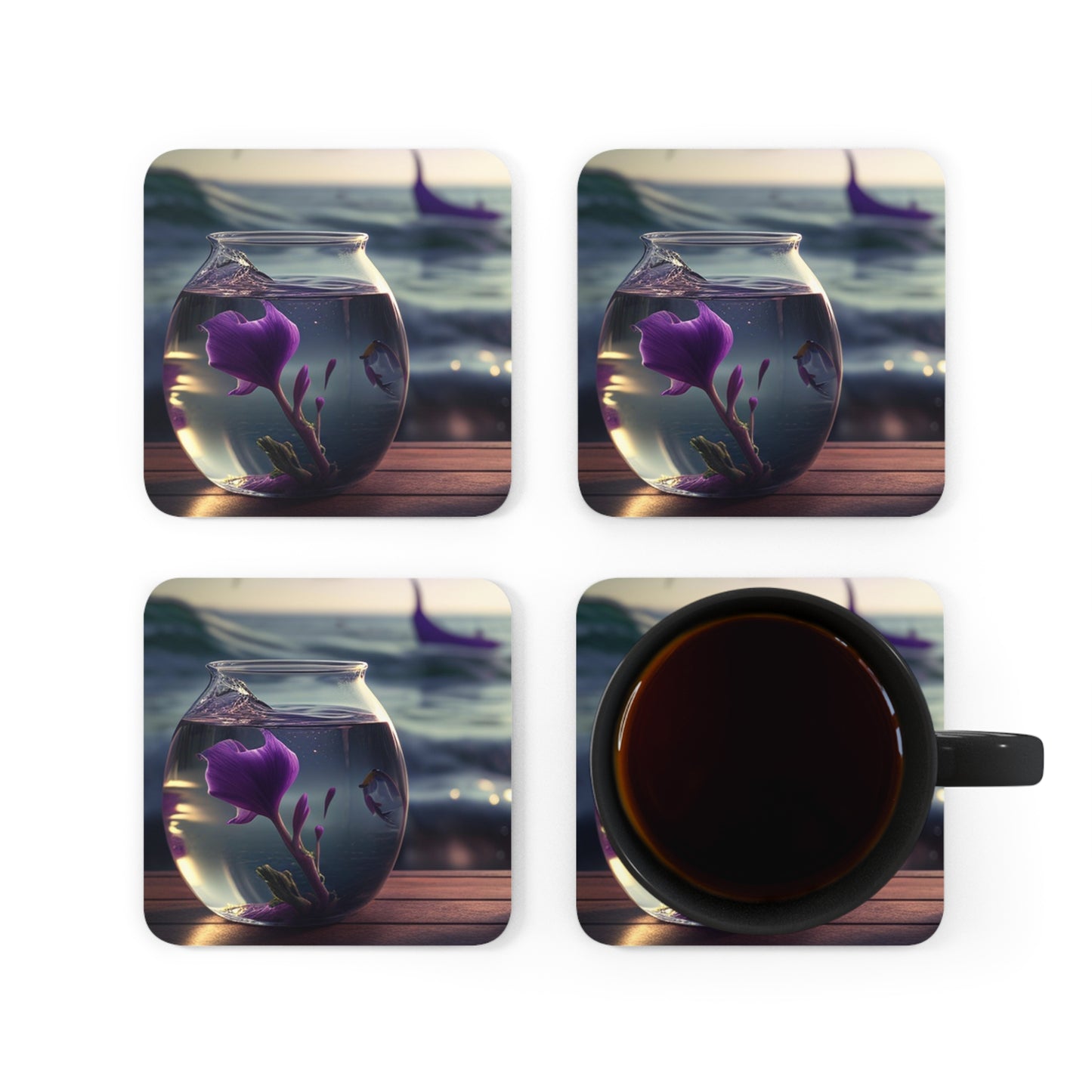 Corkwood Coaster Set Purple Sweet pea in a vase 1