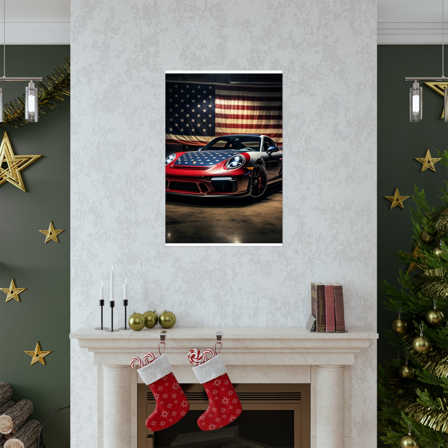 Premium Matte Vertical Posters American Flag Background Porsche 1