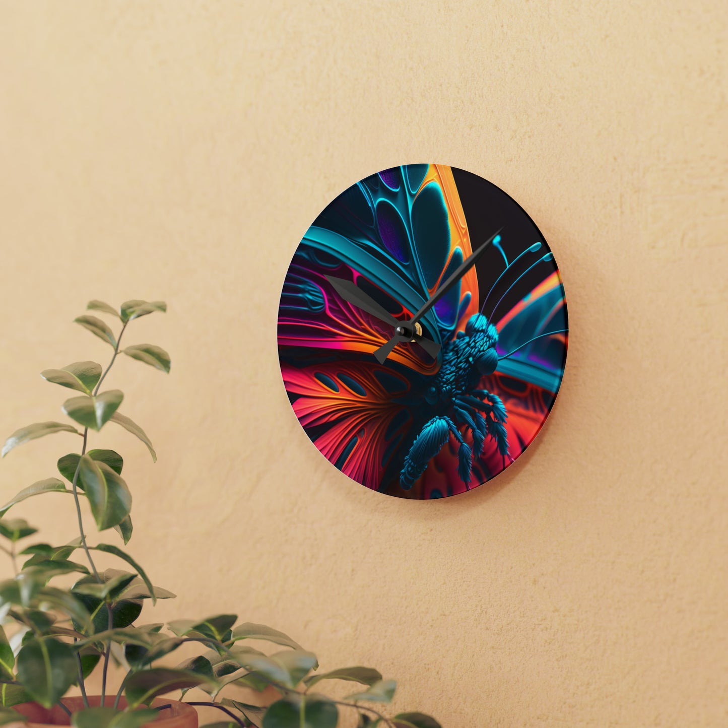 Acrylic Wall Clock Neon Butterfly Macro 4