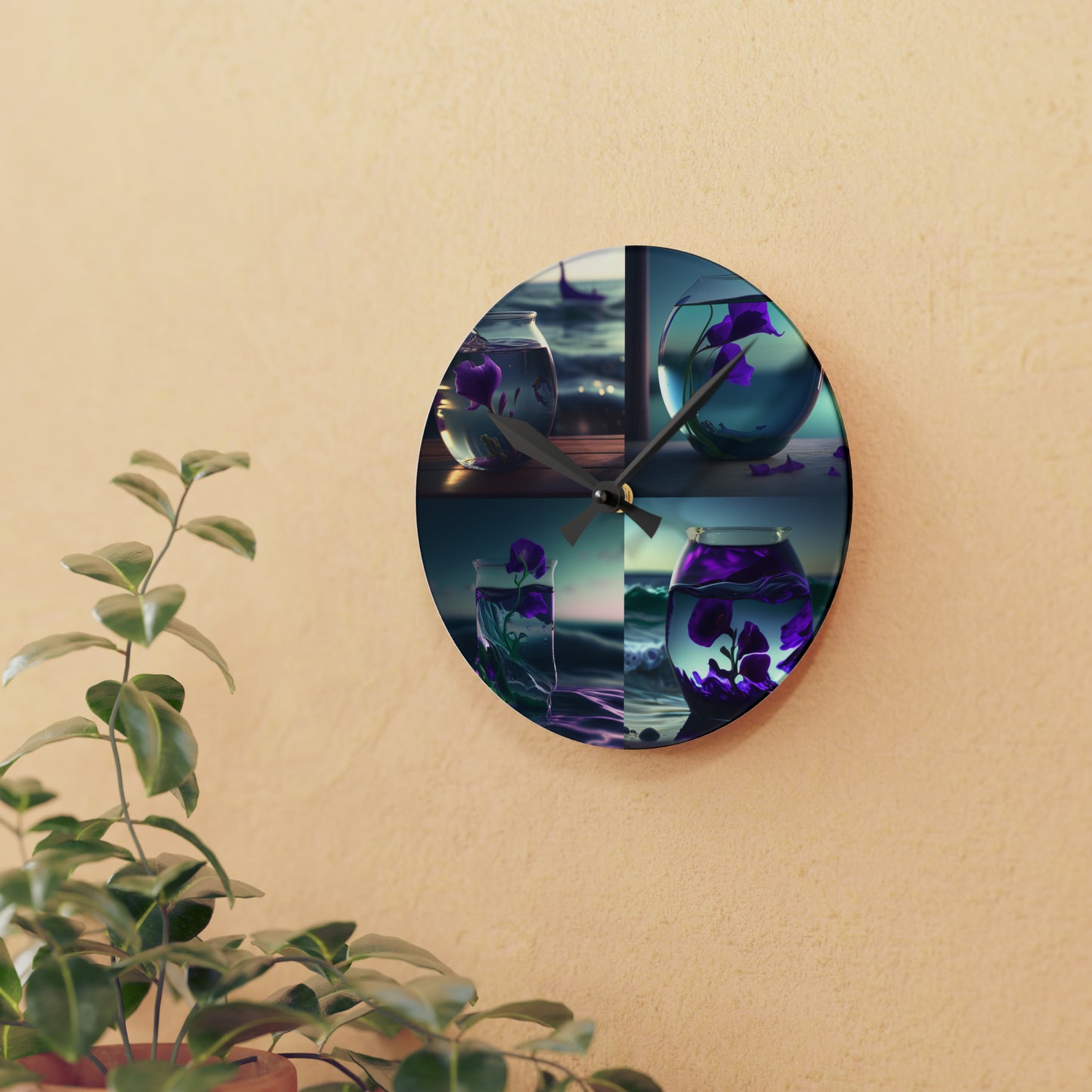 Acrylic Wall Clock Purple Sweet pea in a vase 5