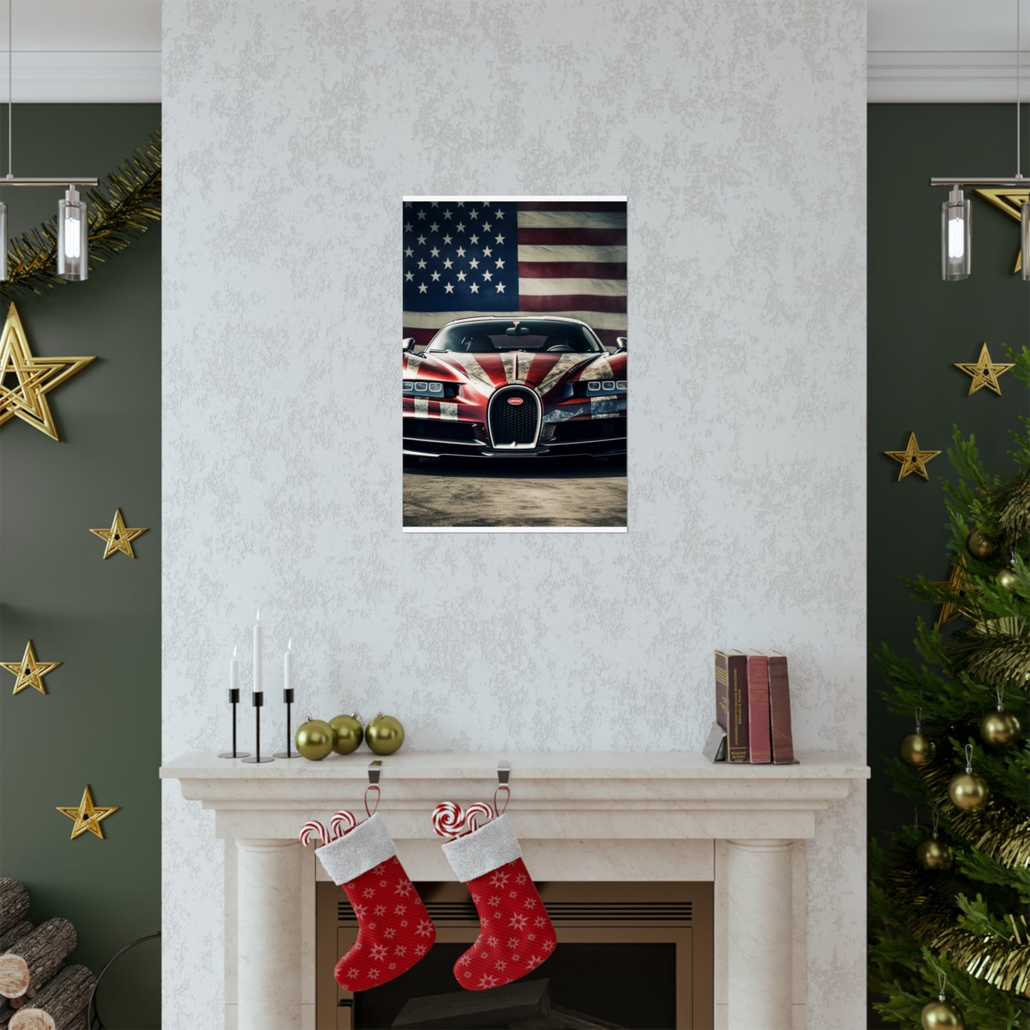 Premium Matte Vertical Posters American Flag Background Bugatti 3