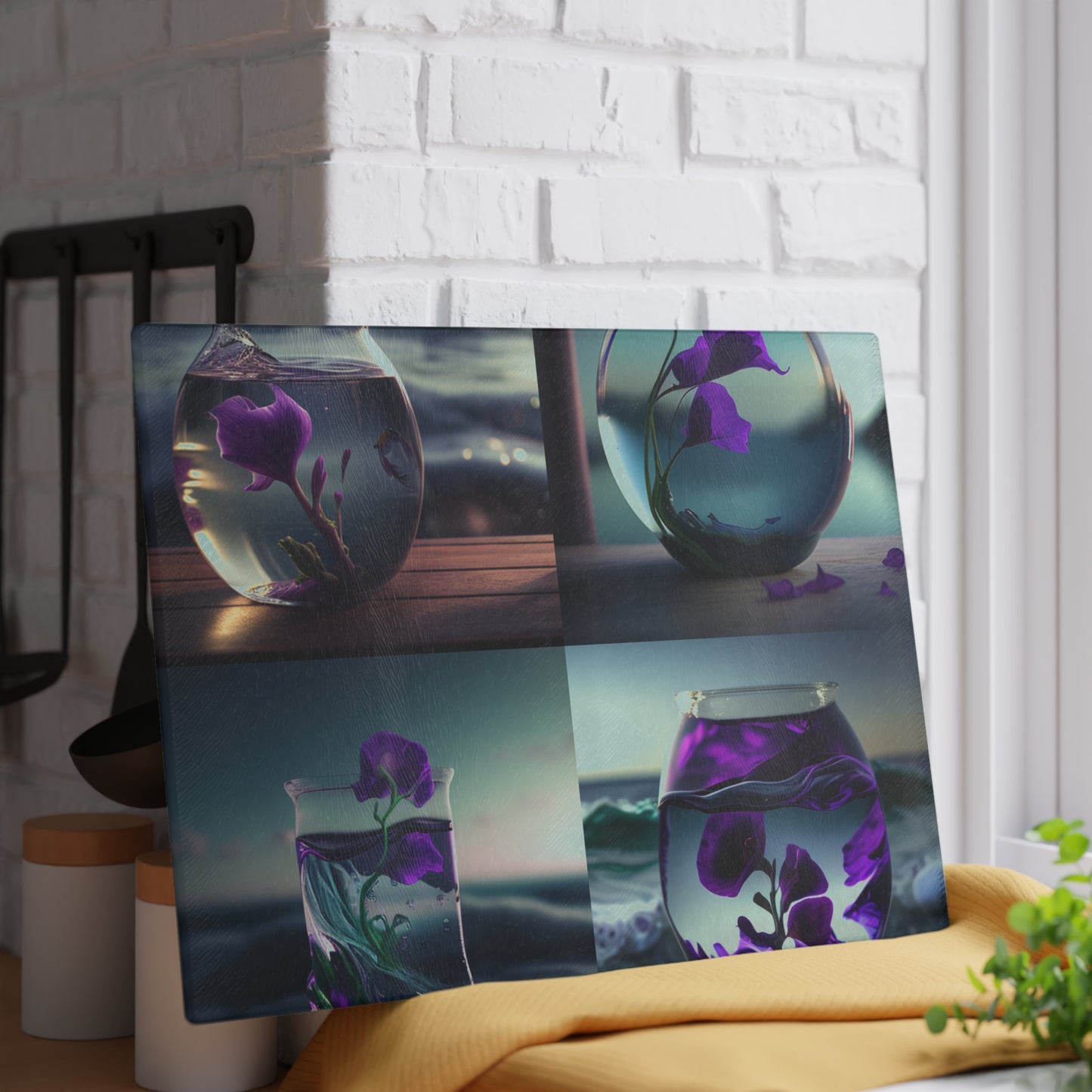 Glass Cutting Board Purple Sweet pea in a vase 5