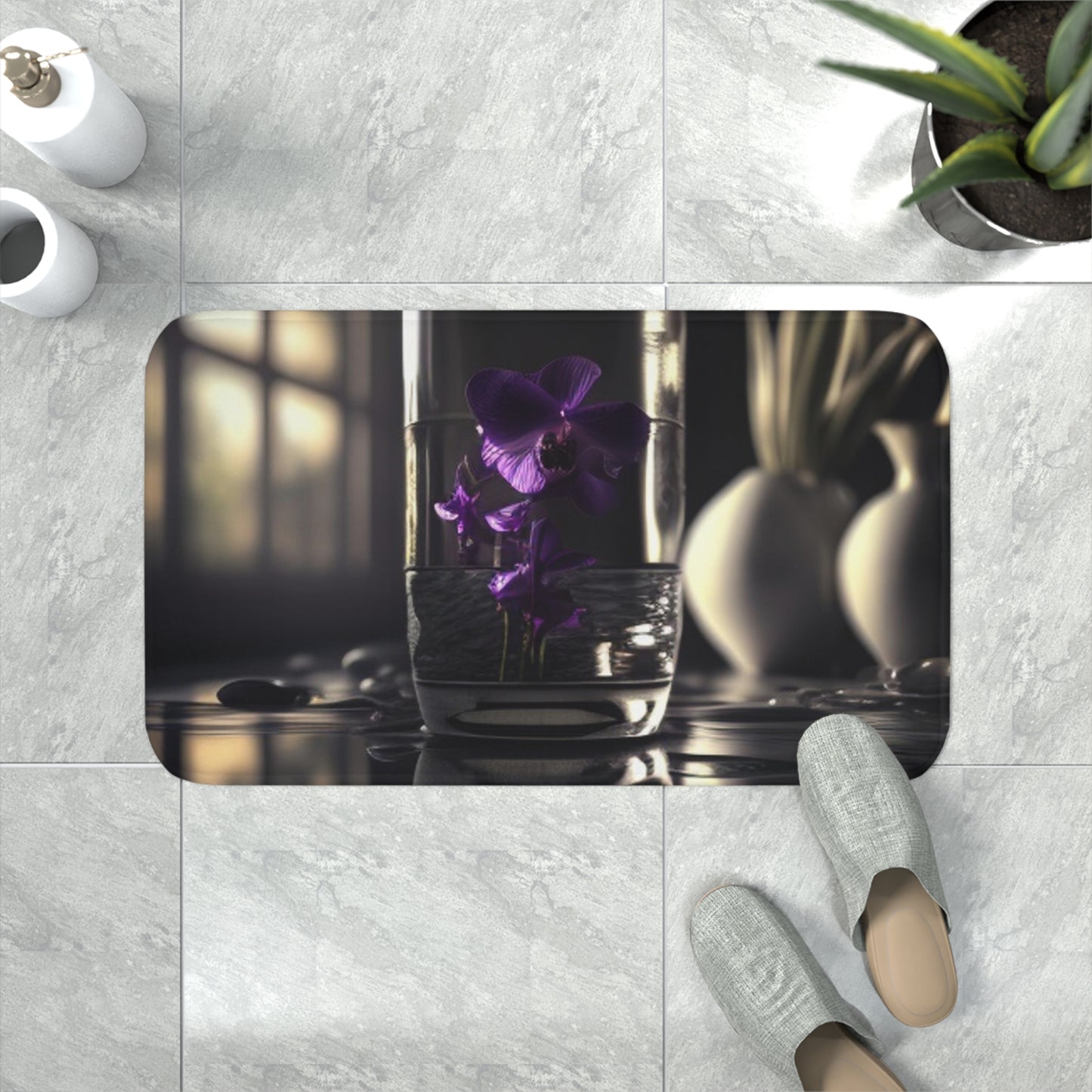 Memory Foam Bath Mat Purple Orchid Glass vase 4