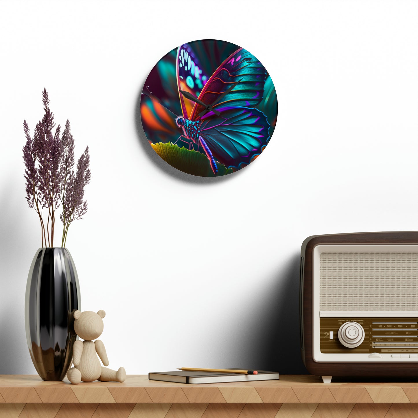 Acrylic Wall Clock Neon Butterfly Macro 1