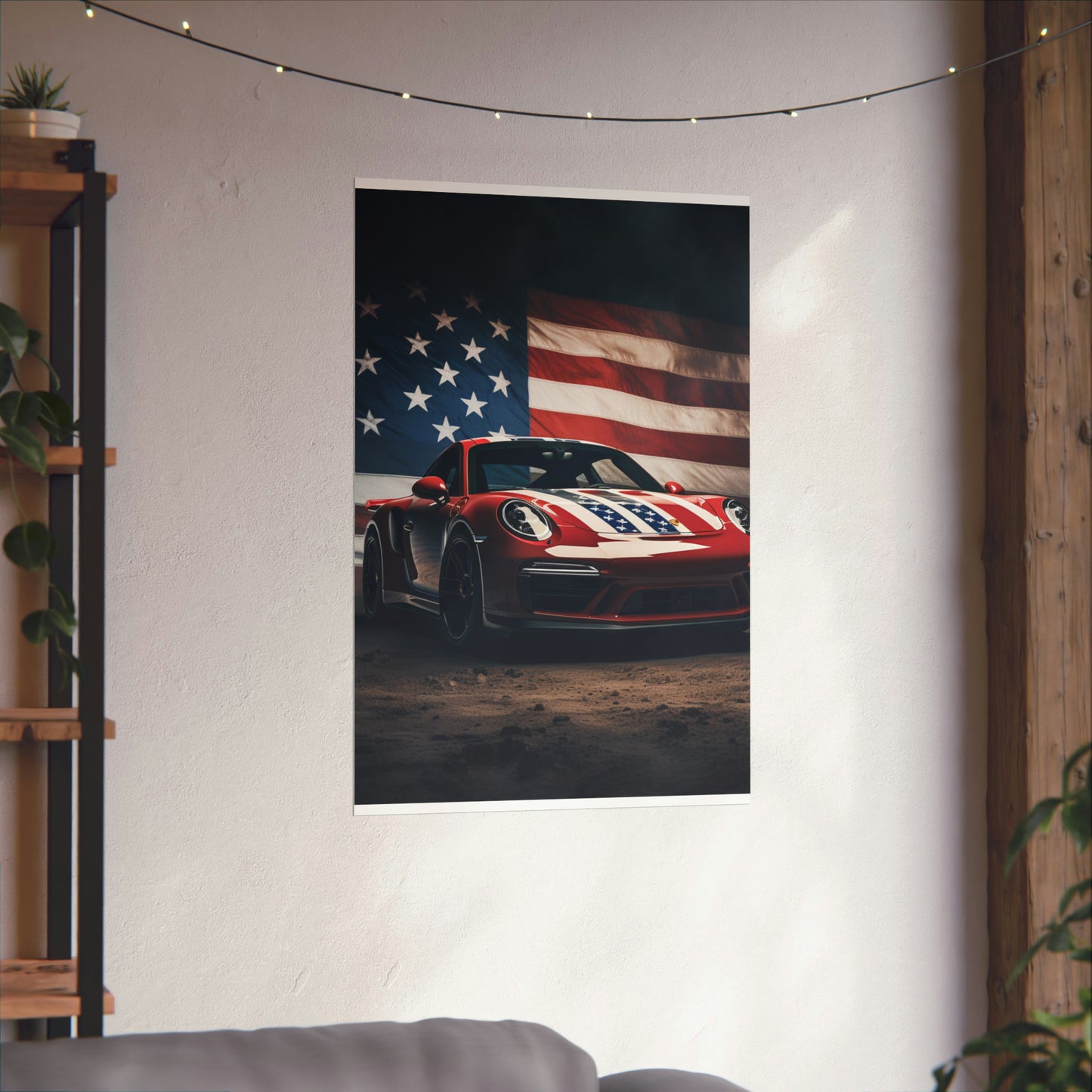 Premium Matte Vertical Posters American Flag Background Porsche 3