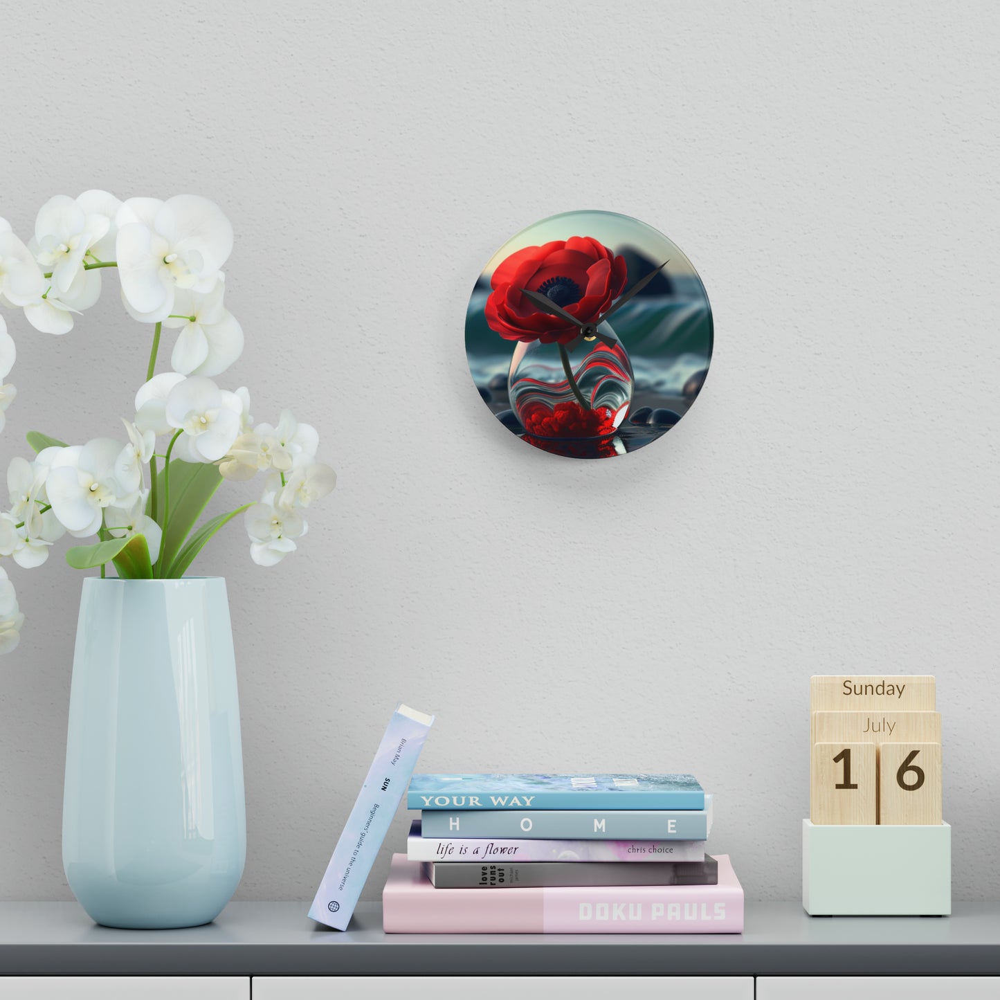 Acrylic Wall Clock Red Anemone in a Vase 1