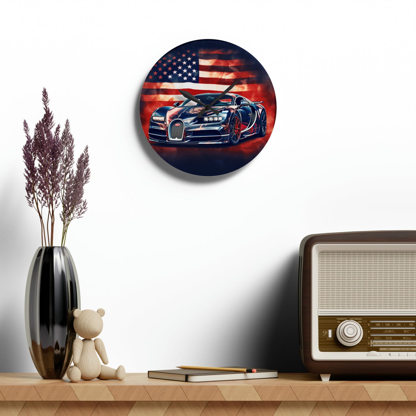 Acrylic Wall Clock Abstract American Flag Background Bugatti 4