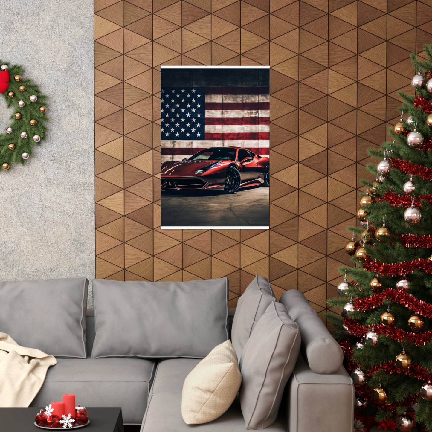 Premium Matte Vertical Posters American Flag Background Ferrari 4