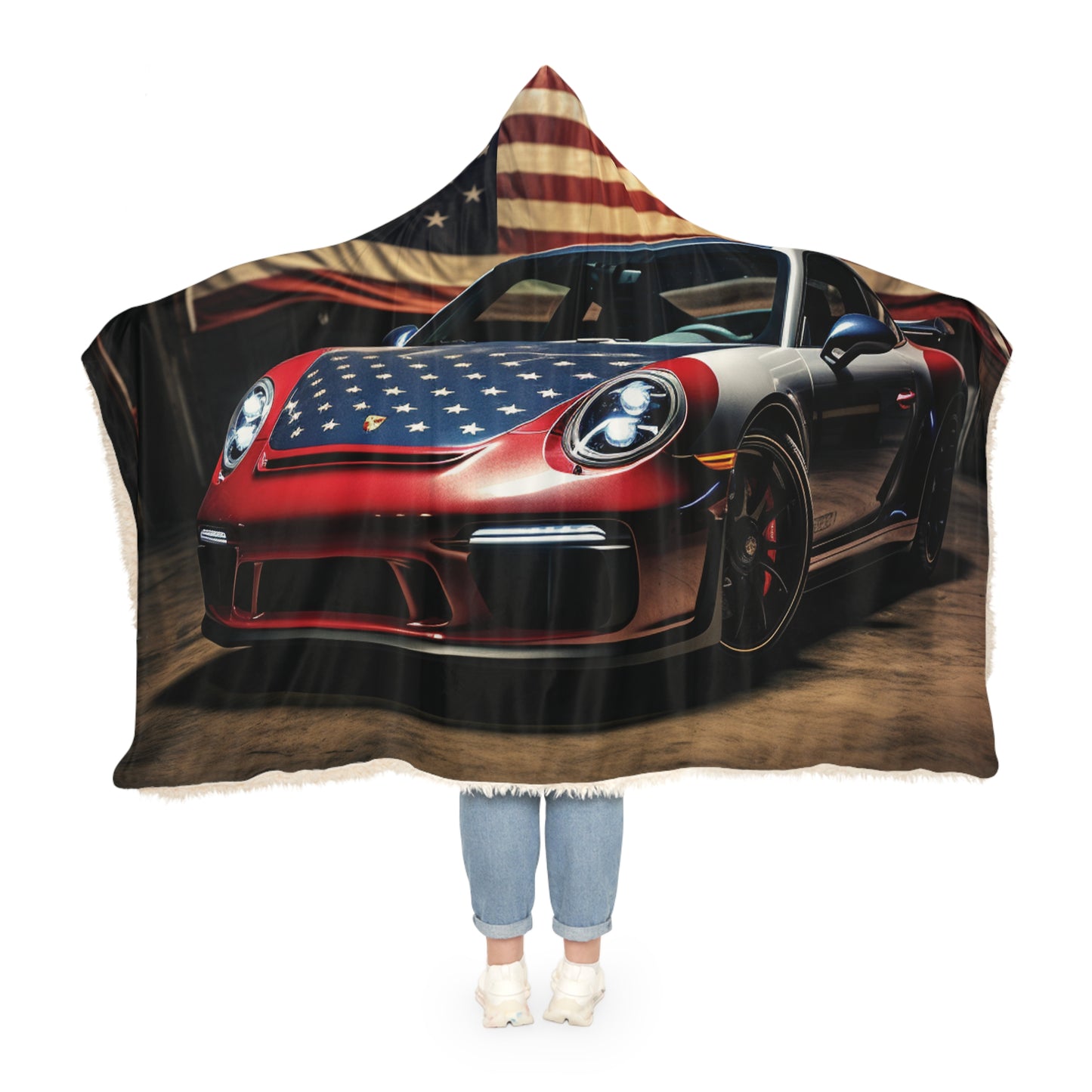 Snuggle Hooded Blanket American Flag Background Porsche 1