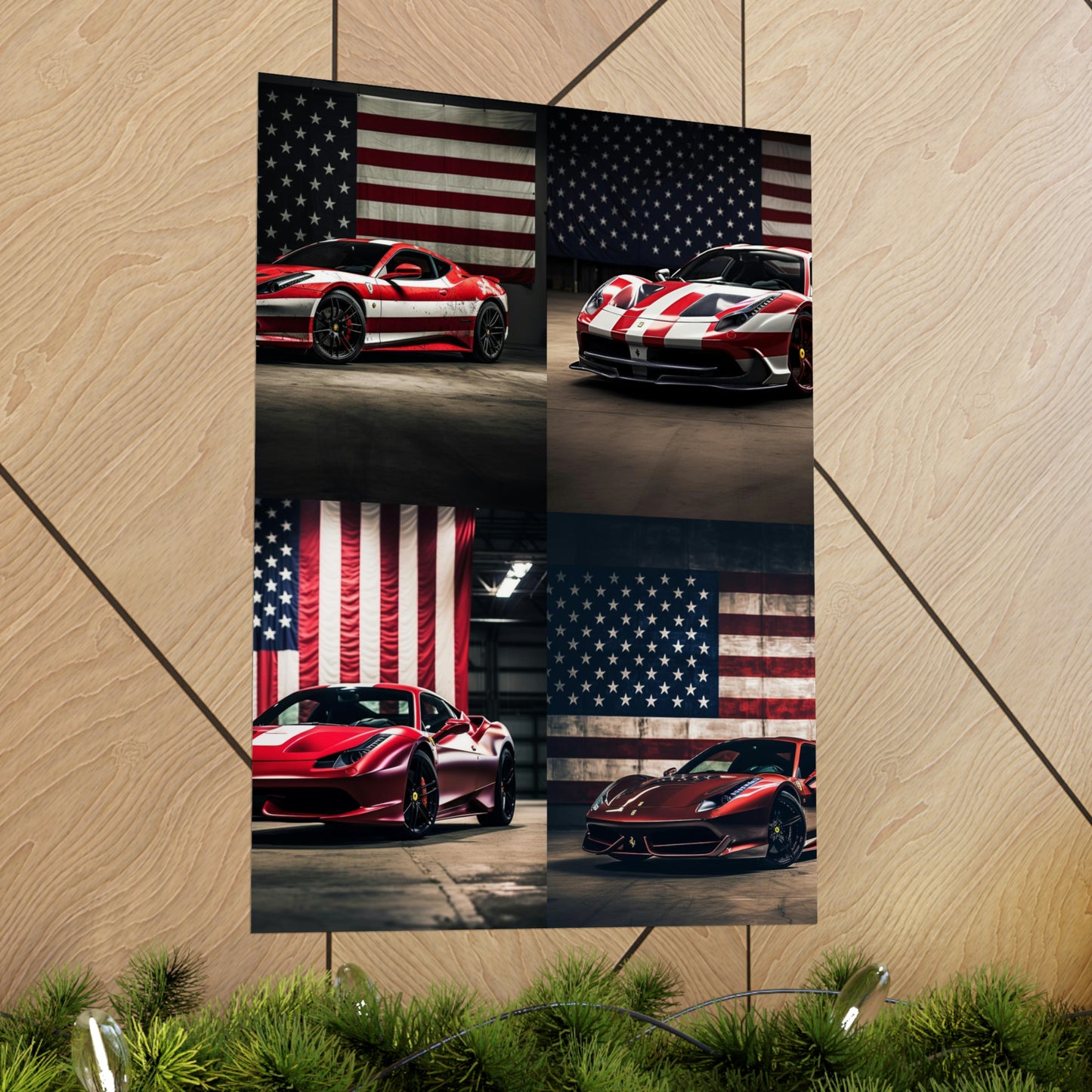 Premium Matte Vertical Posters American Flag Background Ferrari 5