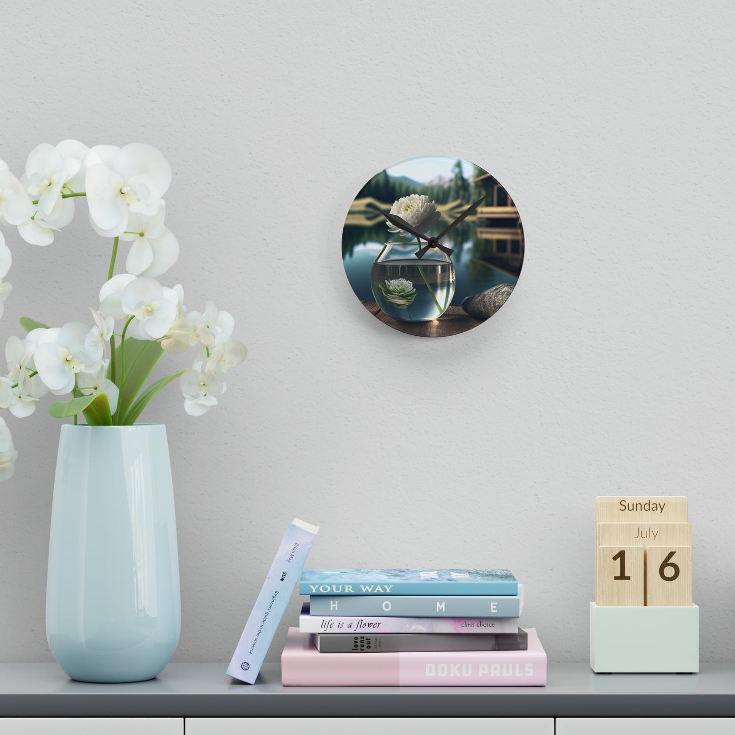 Acrylic Wall Clock White Peony glass vase 2