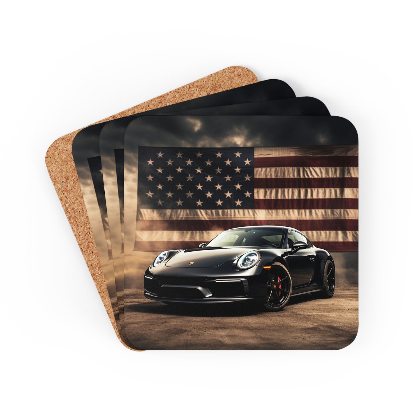 Corkwood Coaster Set American Flag Background Porsche 4