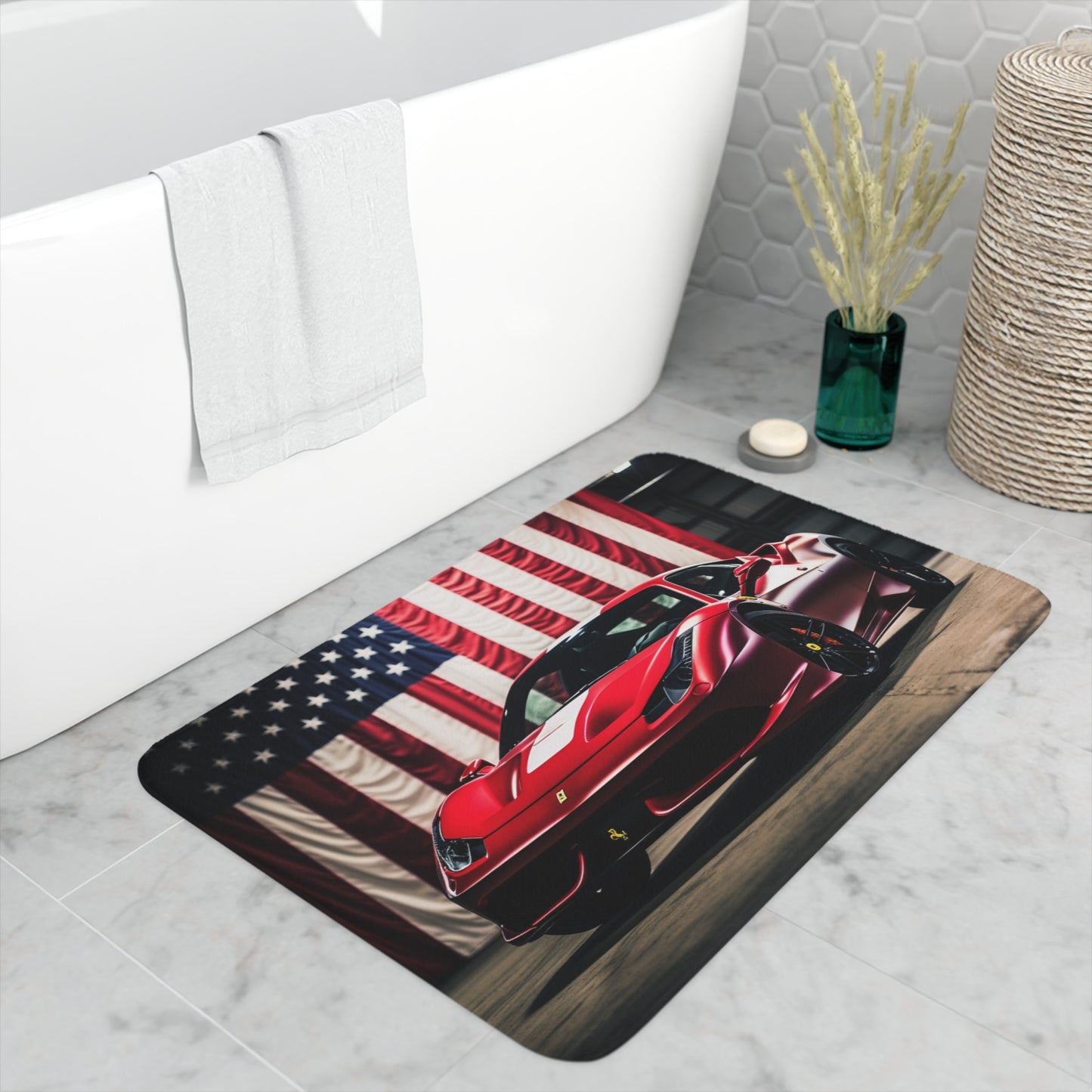 Memory Foam Bath Mat American Flag Background Ferrari 3