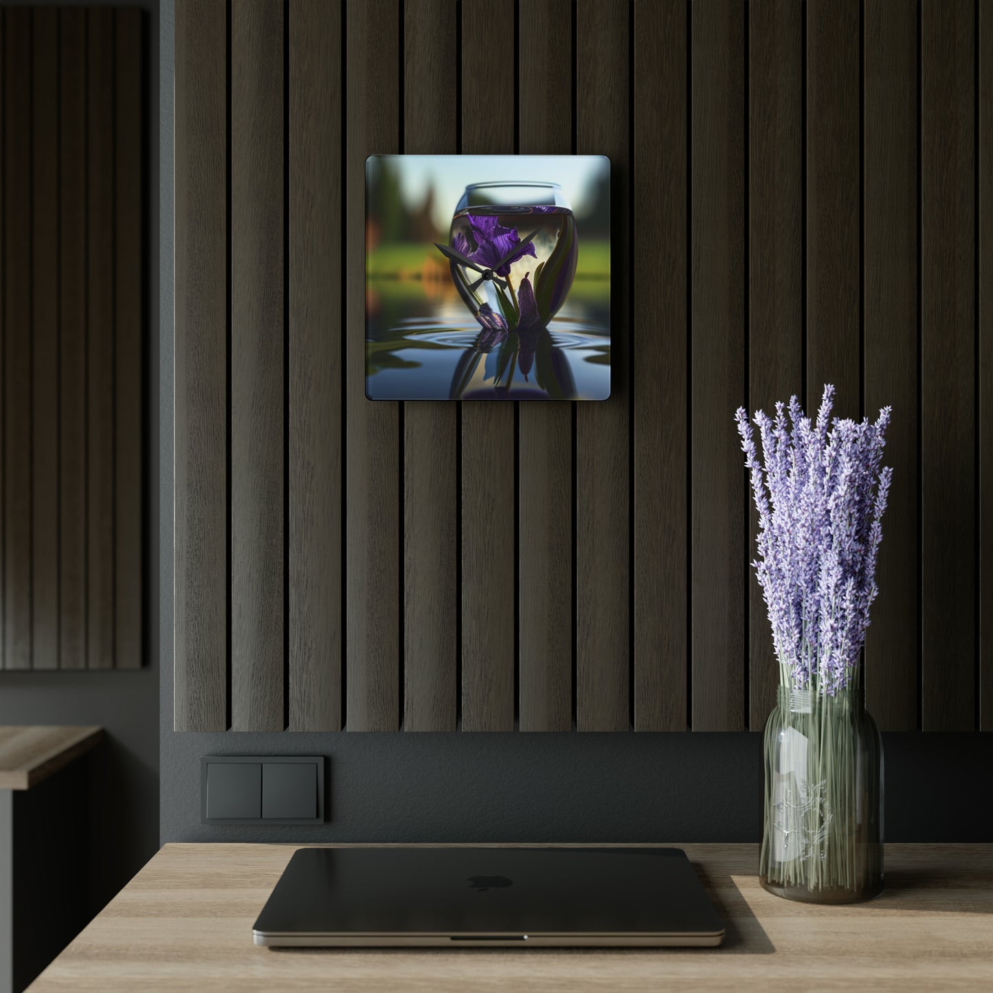 Acrylic Wall Clock Purple Iris in a vase 3