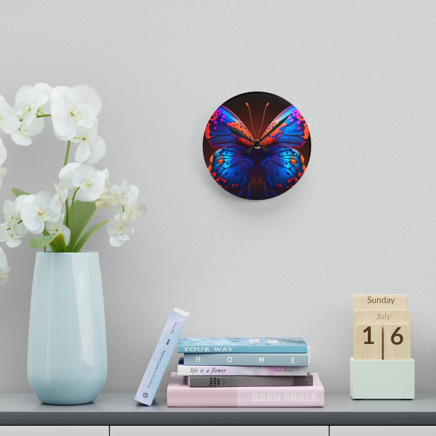 Acrylic Wall Clock Neon Butterfly Macro 3