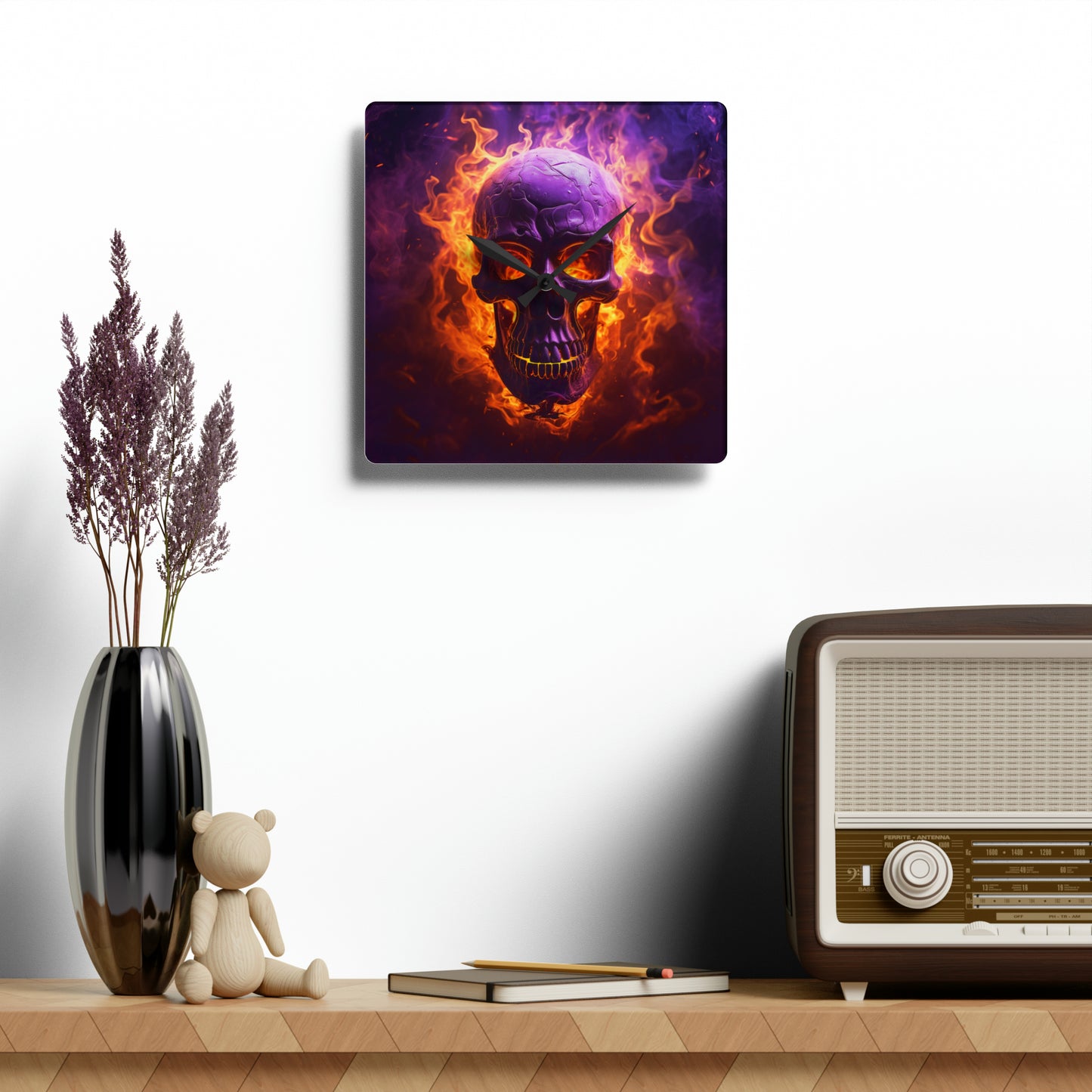 Acrylic Wall Clock Skull Flames 3