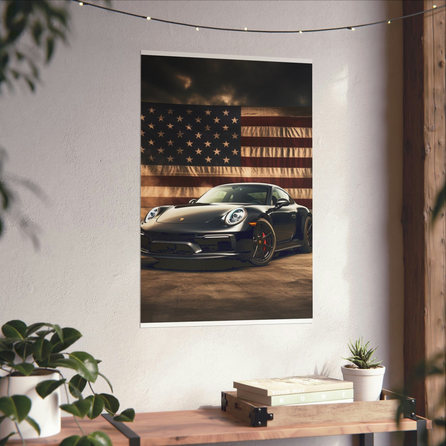 Premium Matte Vertical Posters American Flag Background Porsche 4