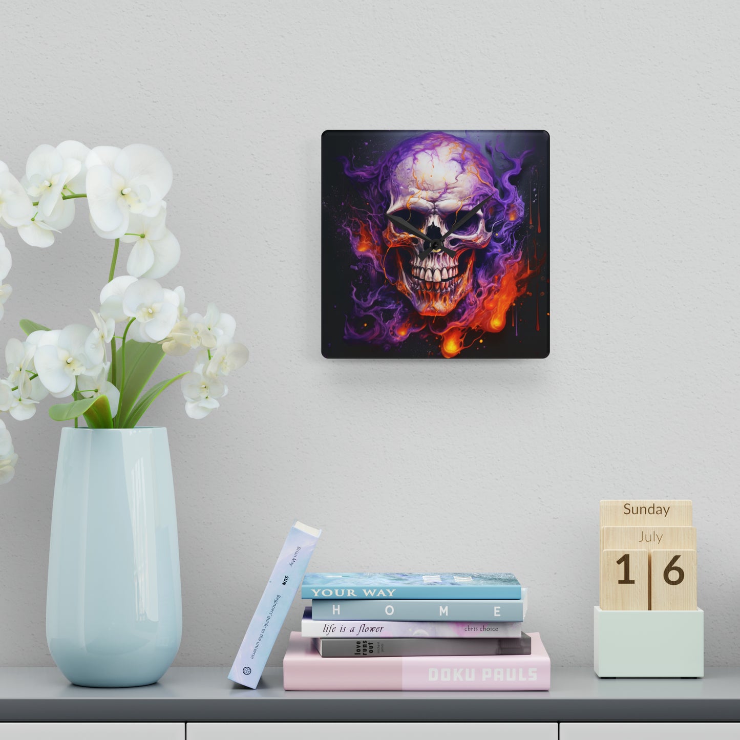 Acrylic Wall Clock Skull Flames 2