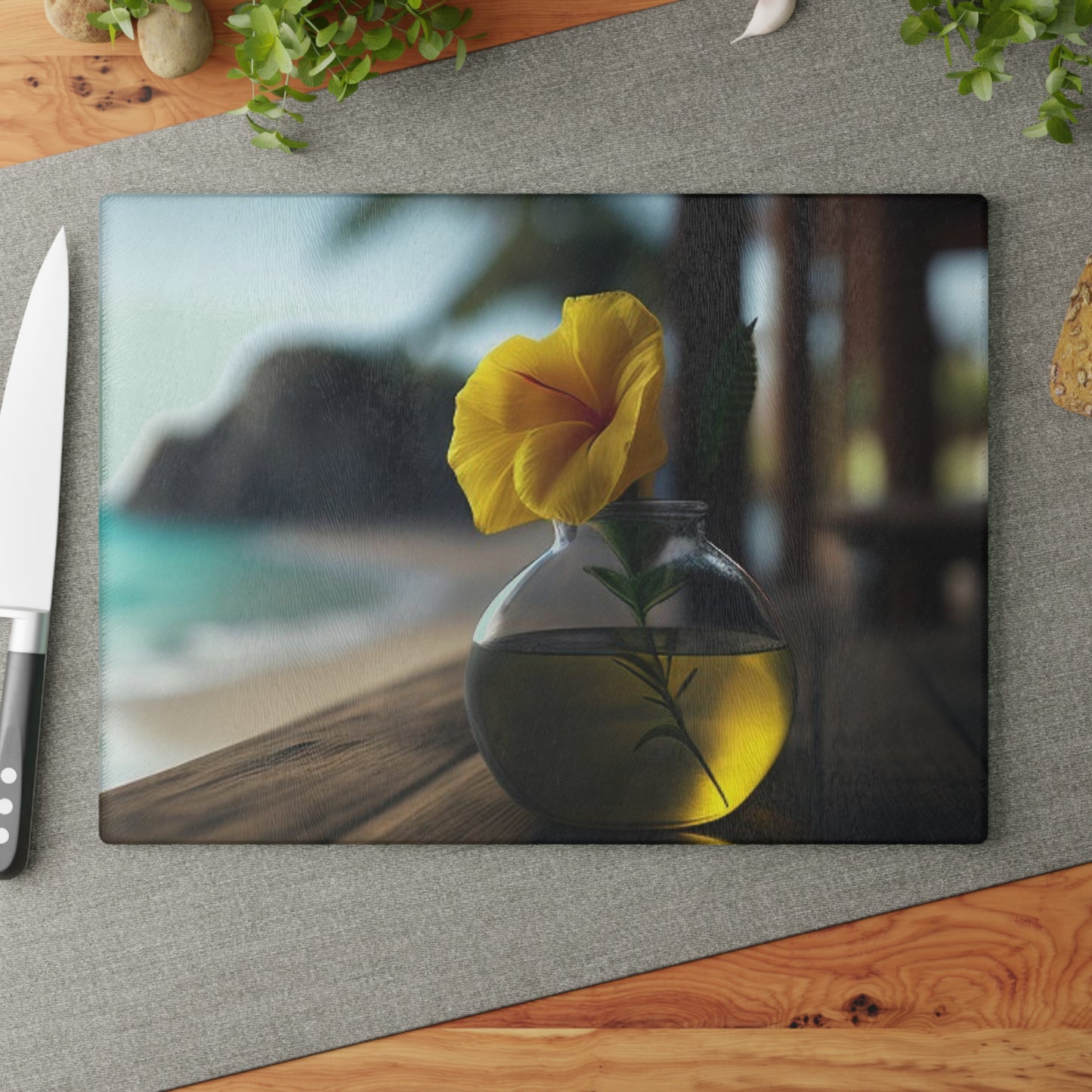 Glass Cutting Board Yellow Hibiscus Wood 3