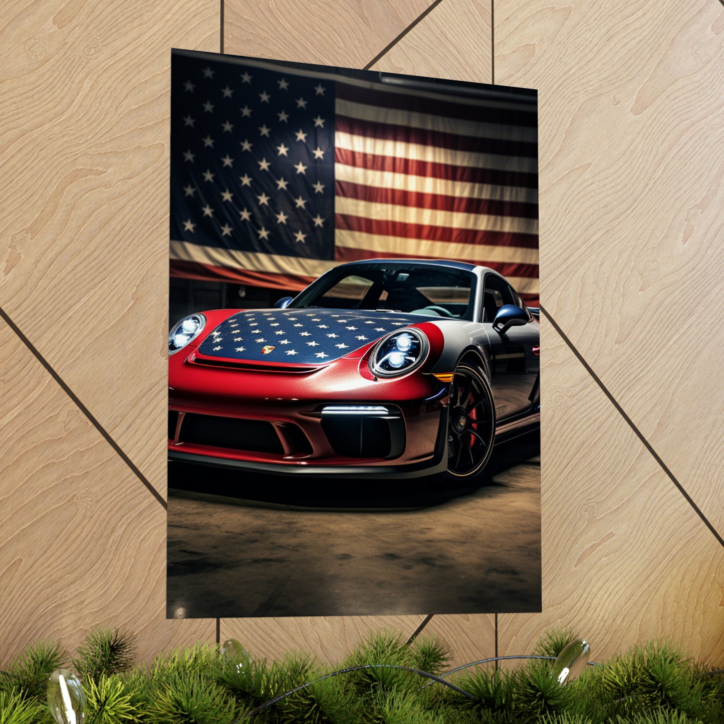 Premium Matte Vertical Posters American Flag Background Porsche 1