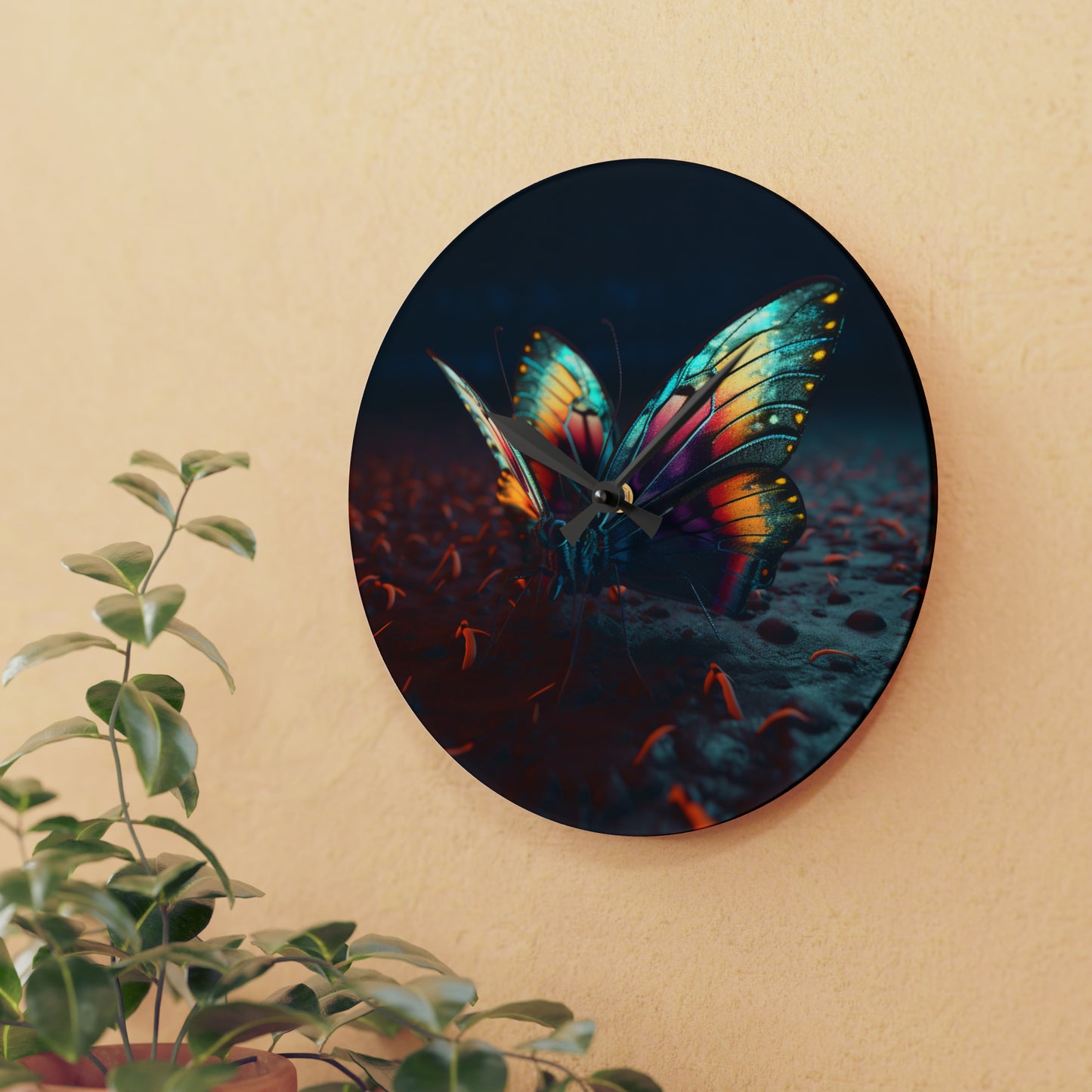 Acrylic Wall Clock Hyper Colorful Butterfly Macro 1