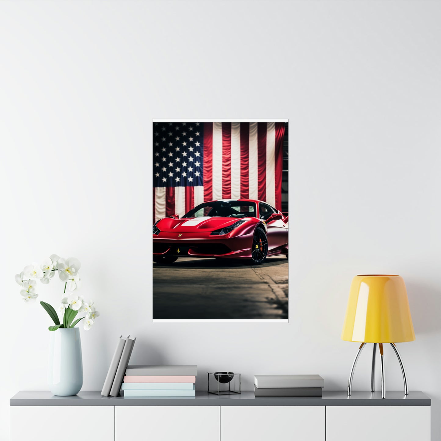 Premium Matte Vertical Posters American Flag Background Ferrari 3