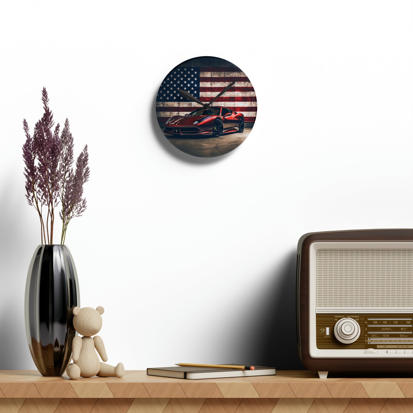 Acrylic Wall Clock American Flag Background Ferrari 4