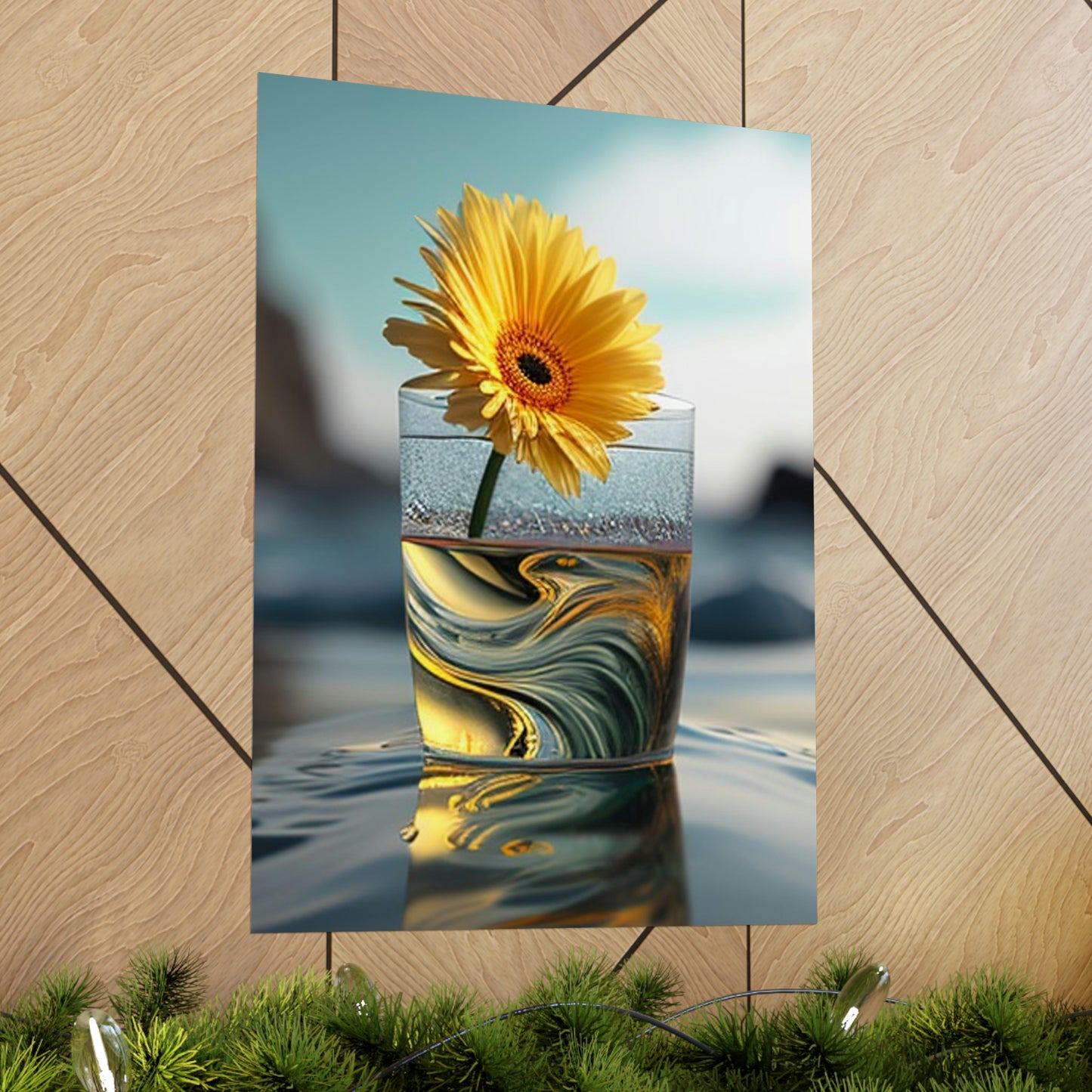 Premium Matte Vertical Posters yello Gerbera glass 2