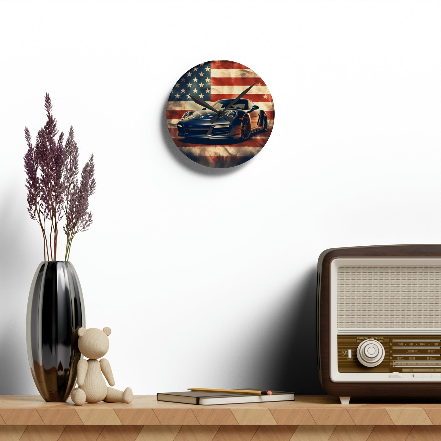 Acrylic Wall Clock Abstract American Flag Background Porsche 3