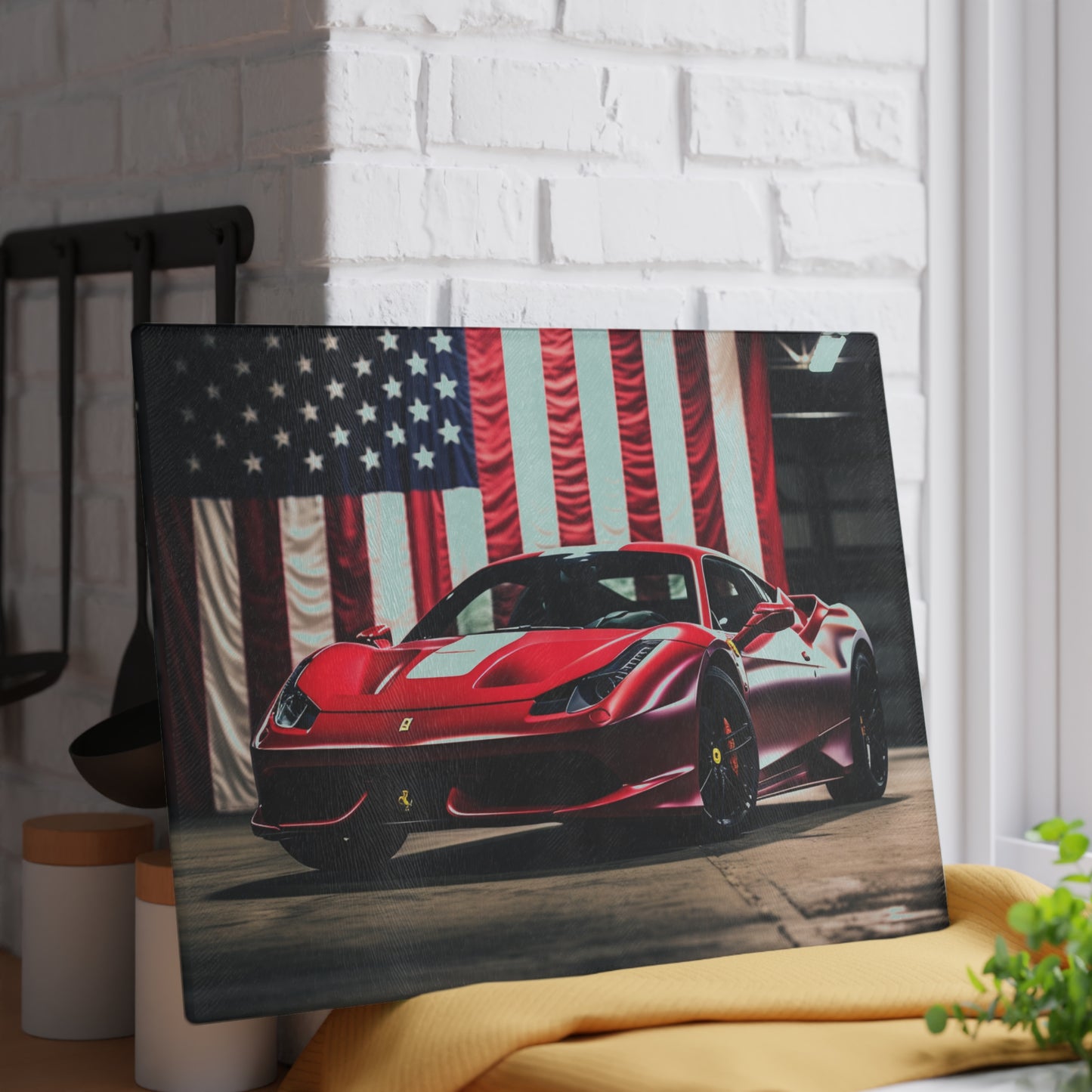 Glass Cutting Board American Flag Background Ferrari 3