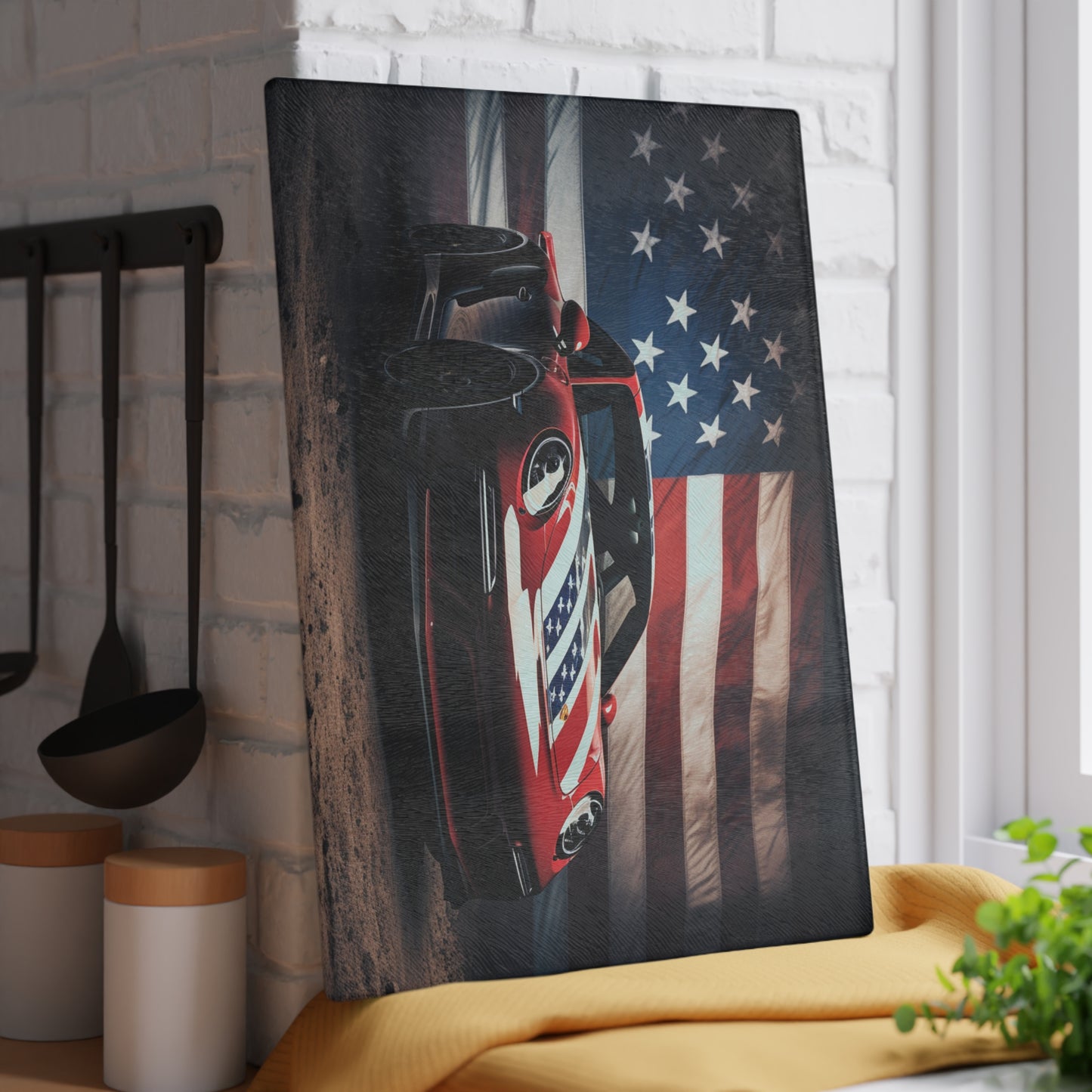 Glass Cutting Board American Flag Background Porsche 3