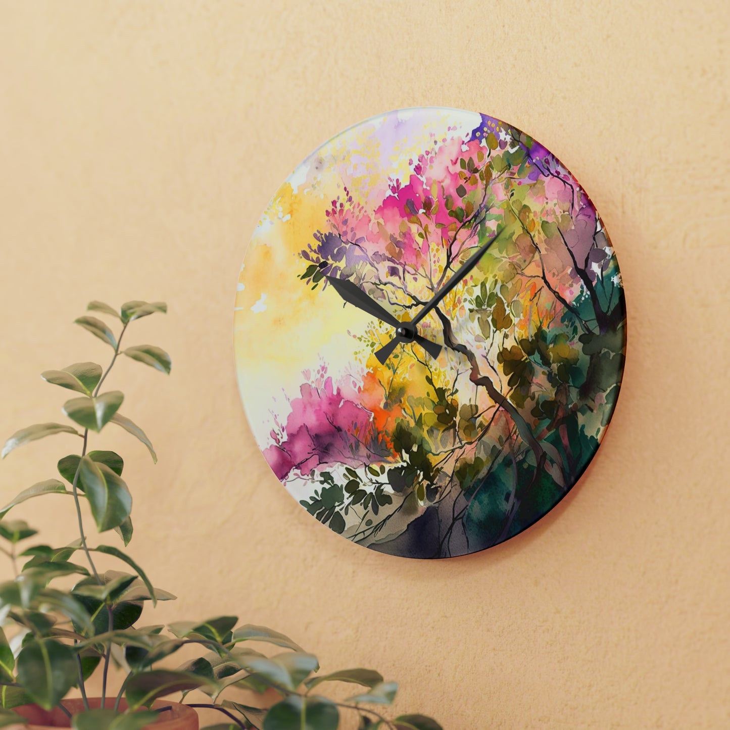 Acrylic Wall Clock Mother Nature Bright Spring Colors Realistic Watercolor 2