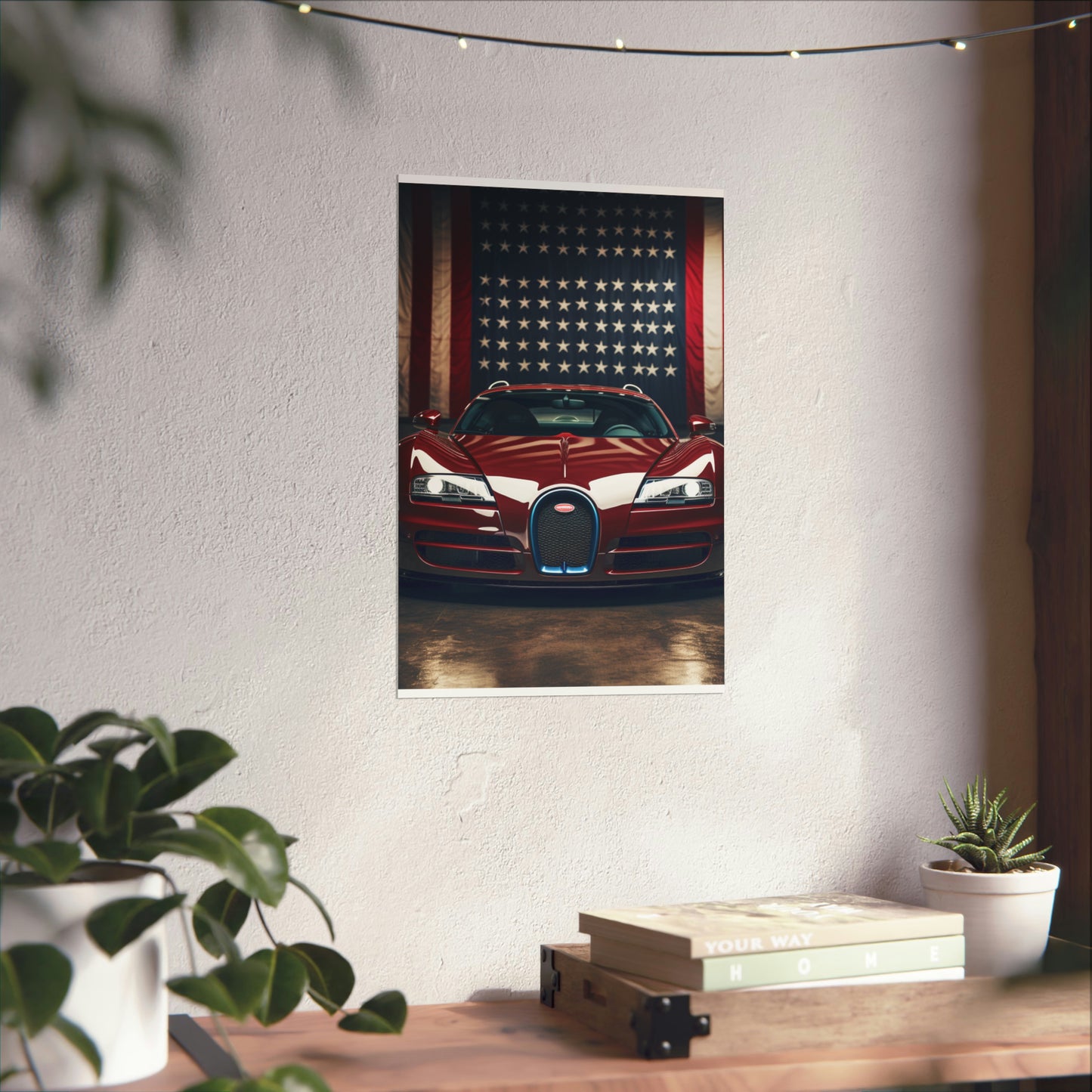 Premium Matte Vertical Posters American Flag Background Bugatti 1