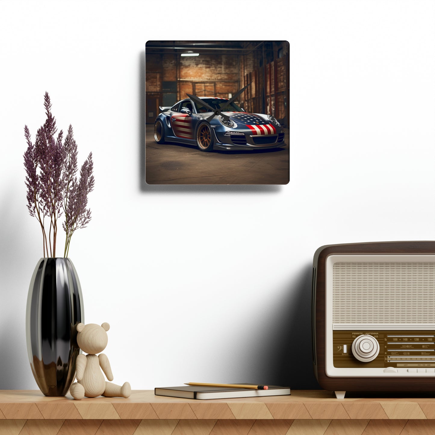 Acrylic Wall Clock American Flag Porsche 1