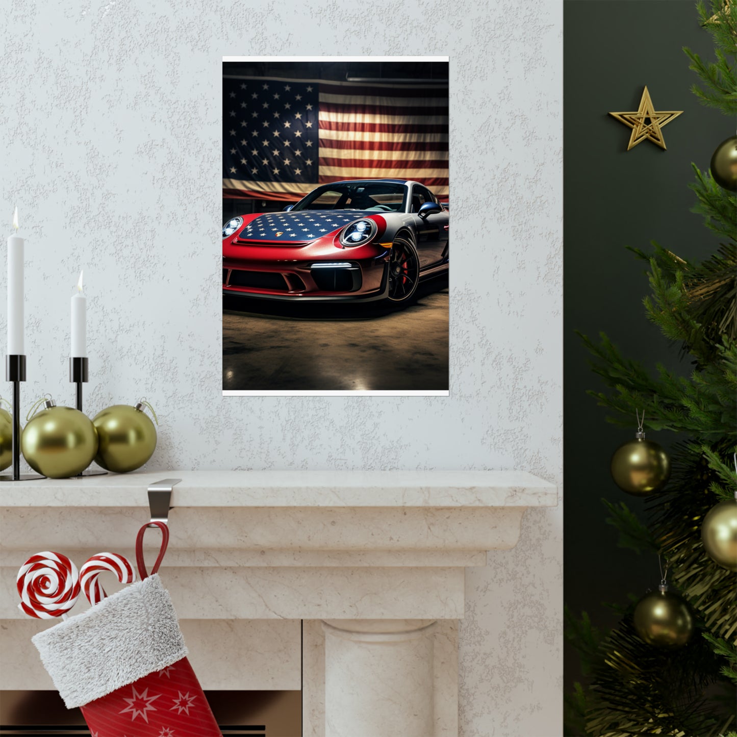 Premium Matte Vertical Posters American Flag Background Porsche 1