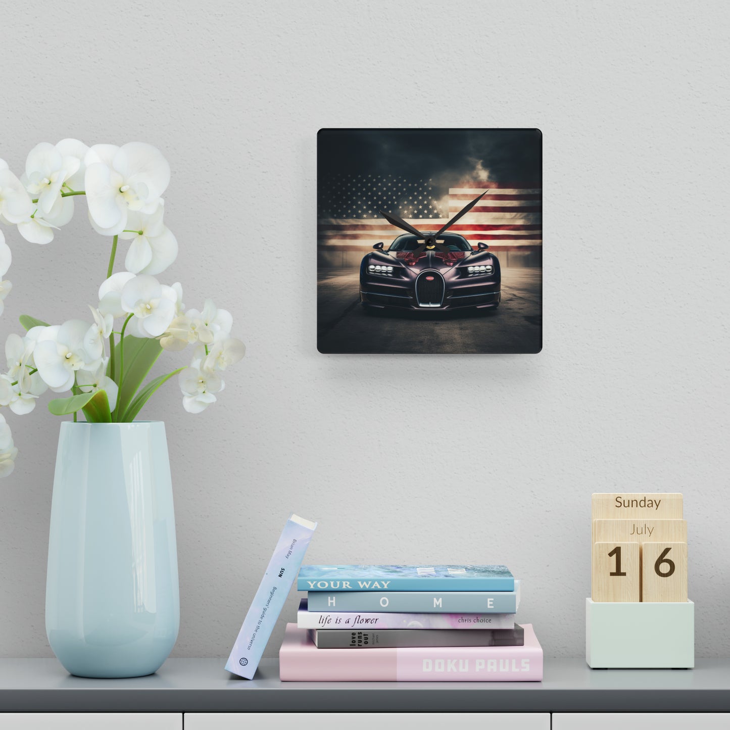 Acrylic Wall Clock American Flag Background Bugatti 2