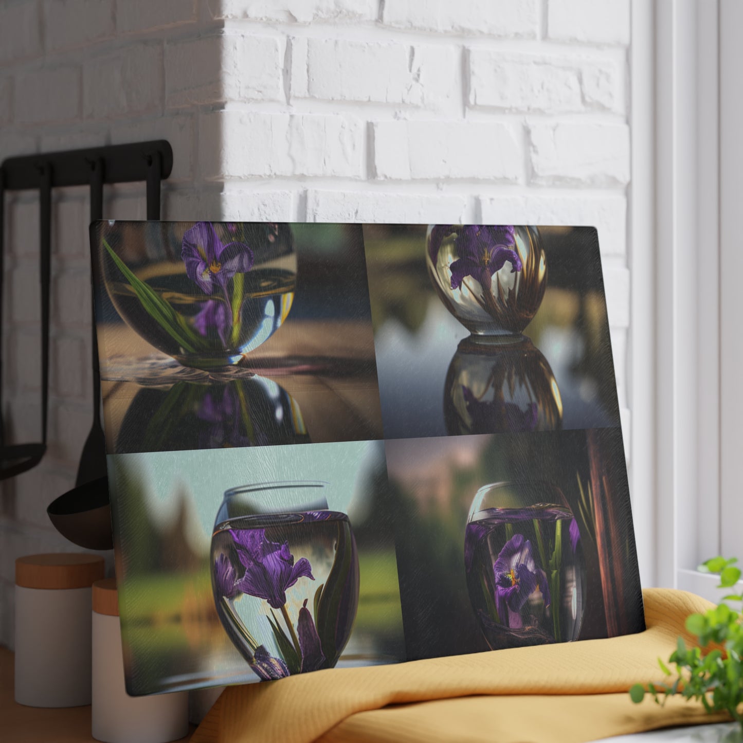 Glass Cutting Board Purple Iris in a vase 5