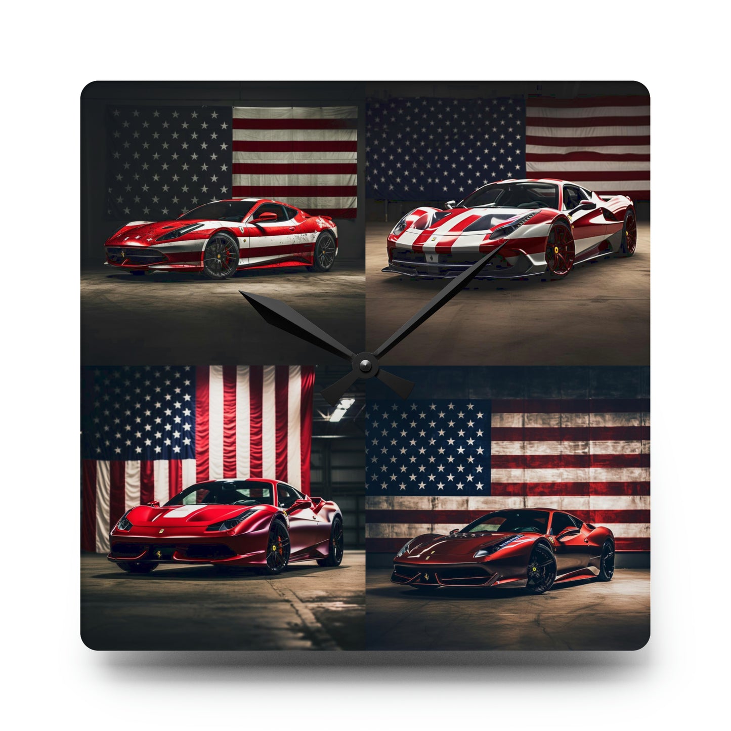 Acrylic Wall Clock American Flag Background Ferrari 5