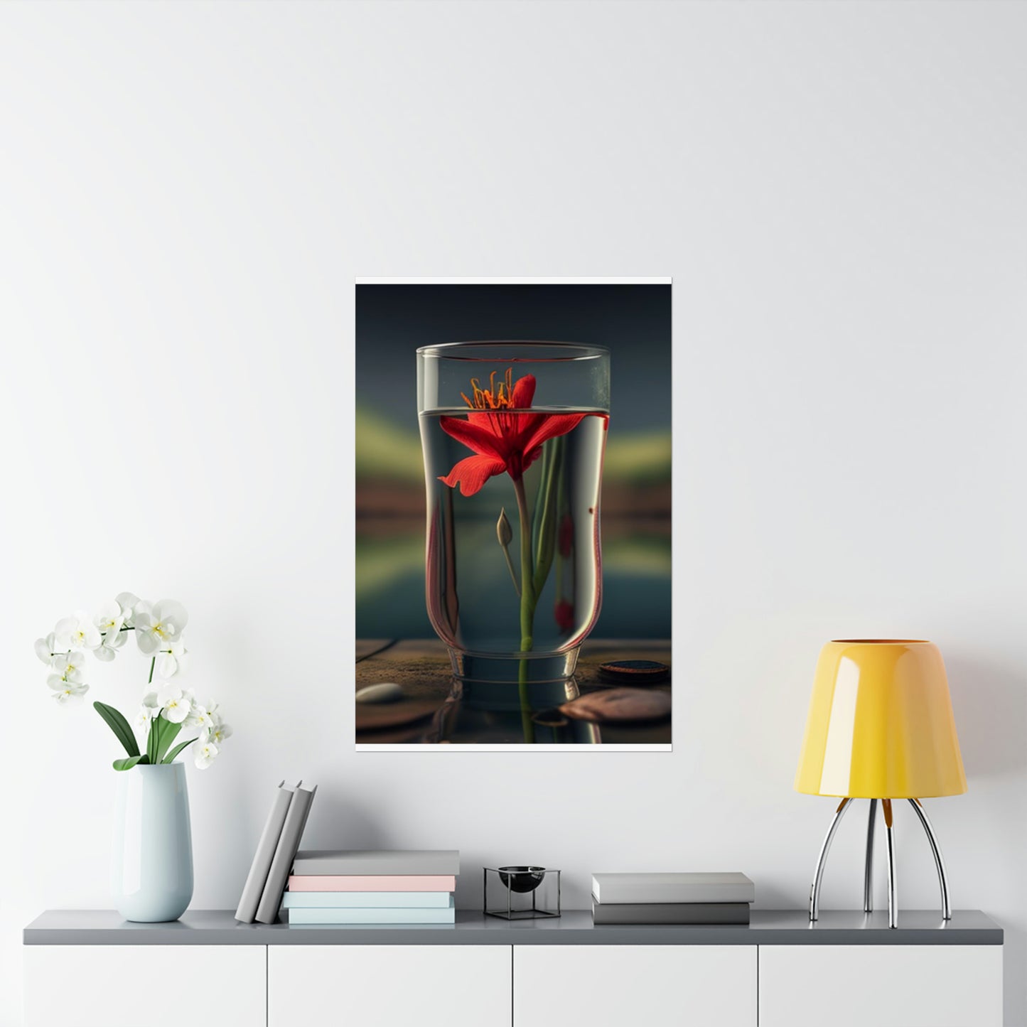 Premium Matte Vertical Posters Red Lily in a Glass vase 1