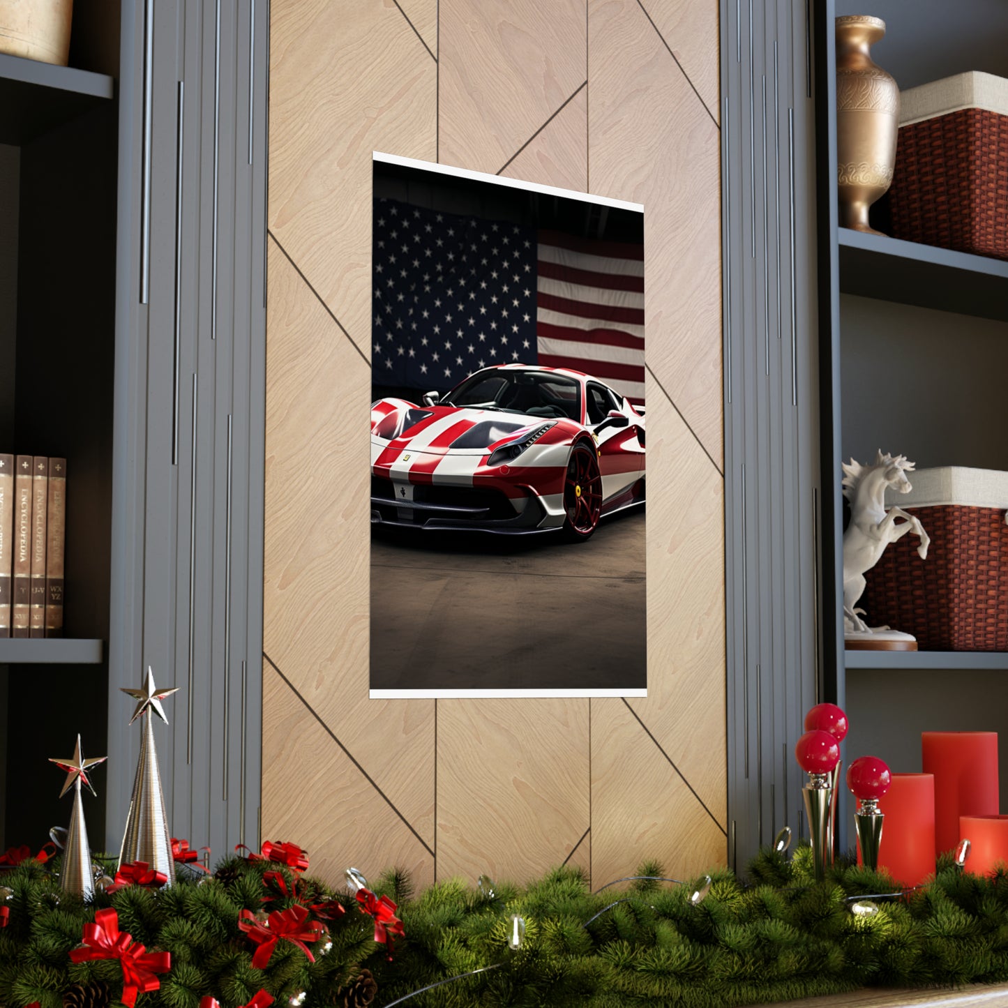 Premium Matte Vertical Posters American Flag Background Ferrari 2