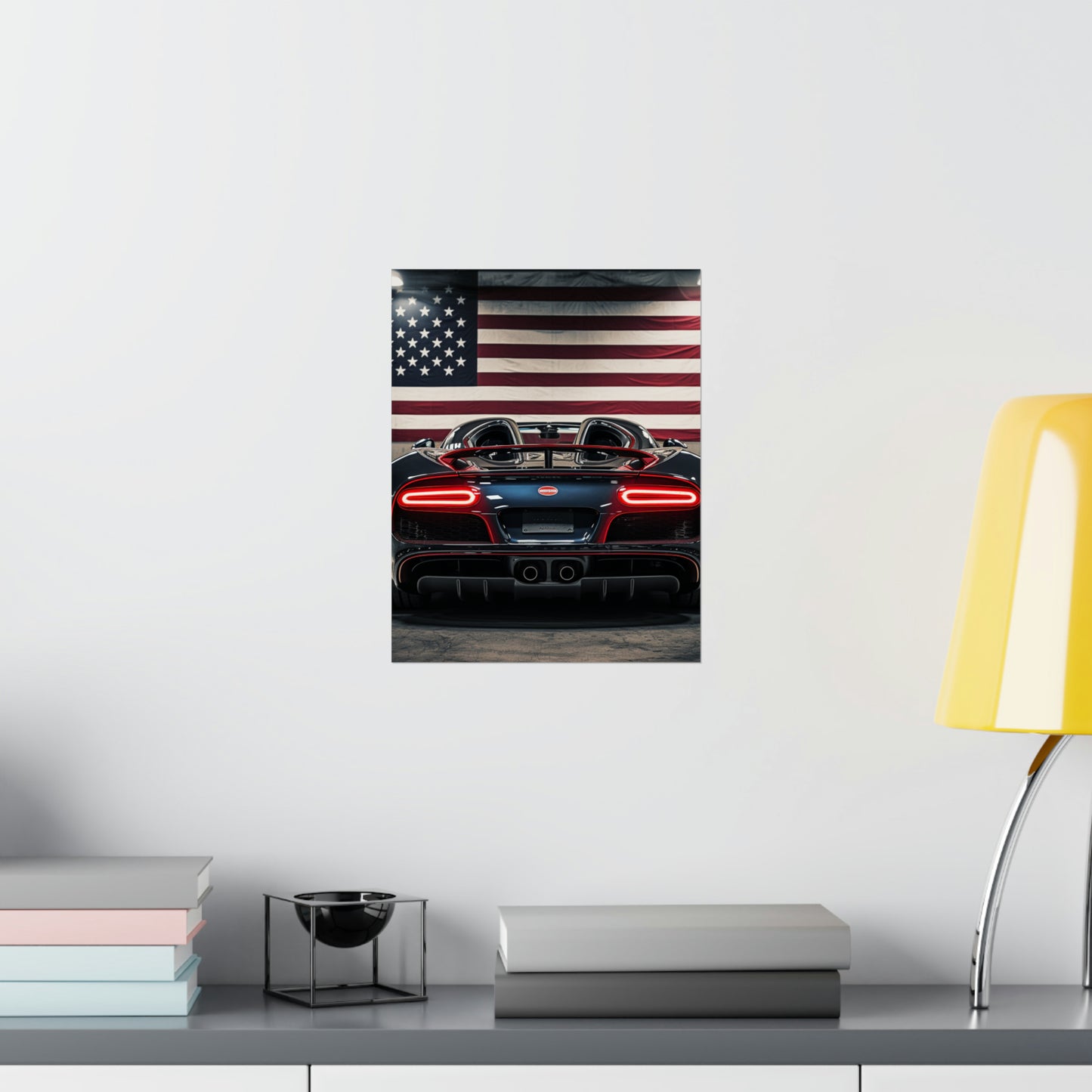 Premium Matte Vertical Posters American Flag Background Bugatti 4