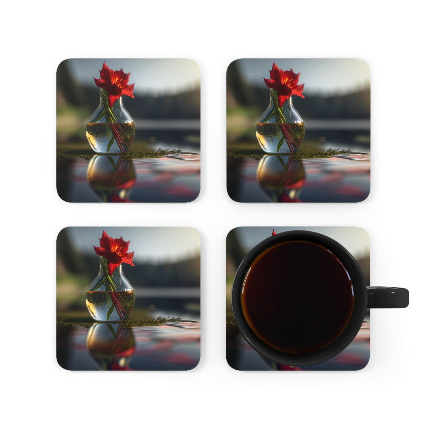 Corkwood Coaster Set Red Lily in a Glass vase 3