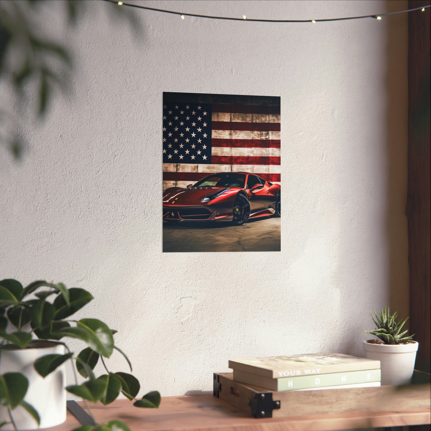 Premium Matte Vertical Posters American Flag Background Ferrari 4