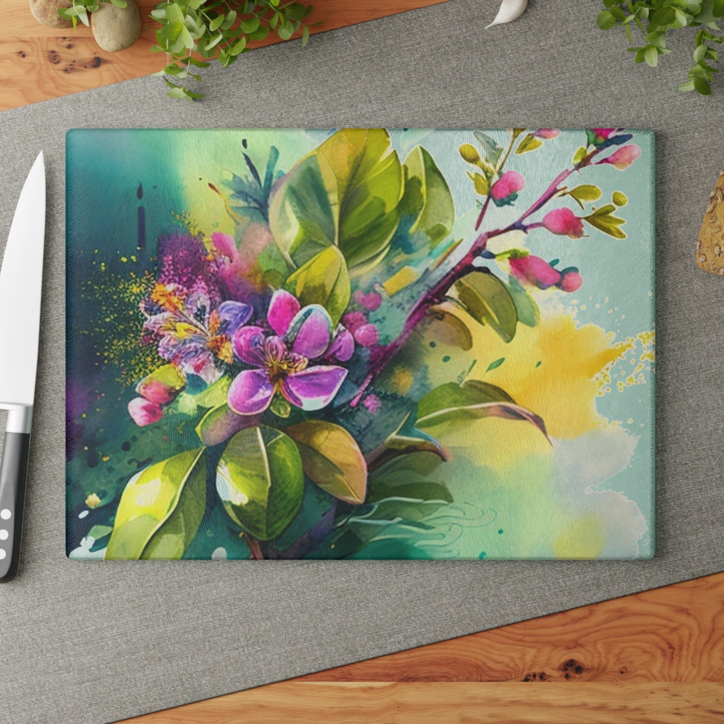 Glass Cutting Board Mother Nature Bright Spring Colors Realistic Watercolor 1