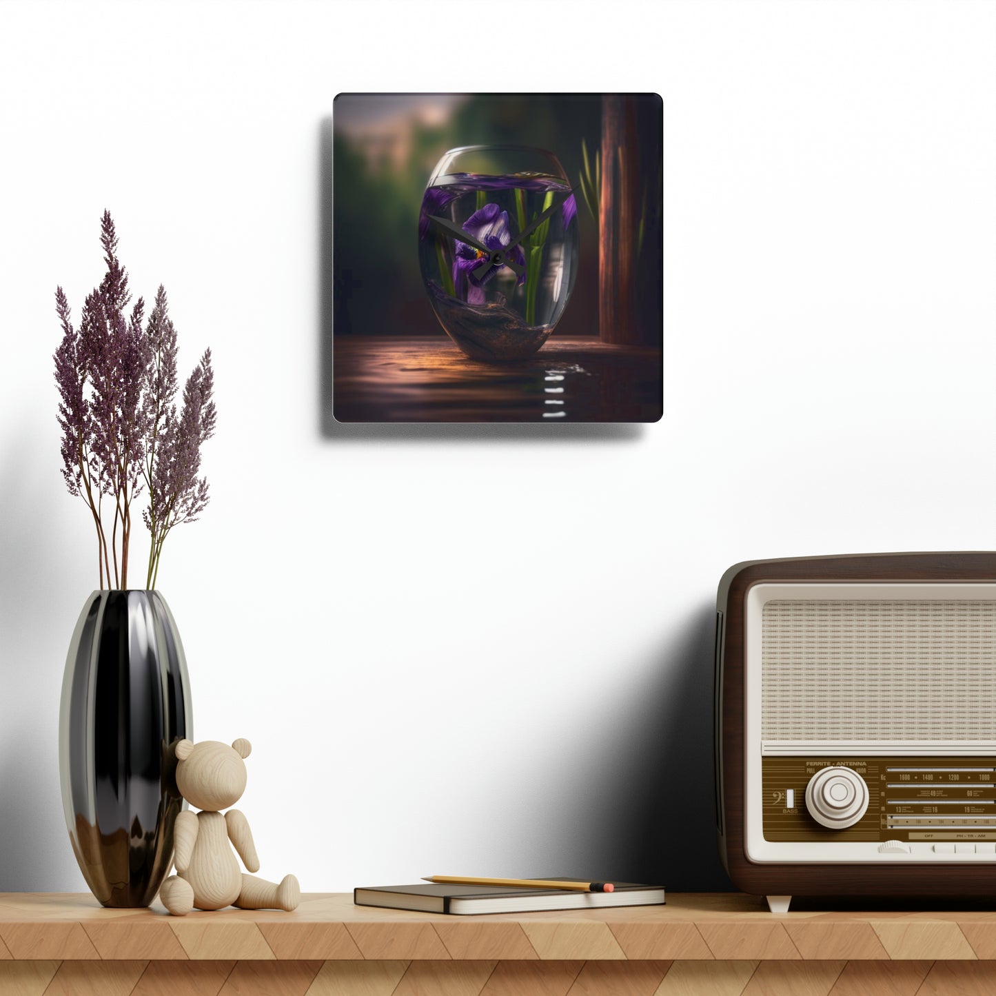 Acrylic Wall Clock Purple Iris in a vase 4