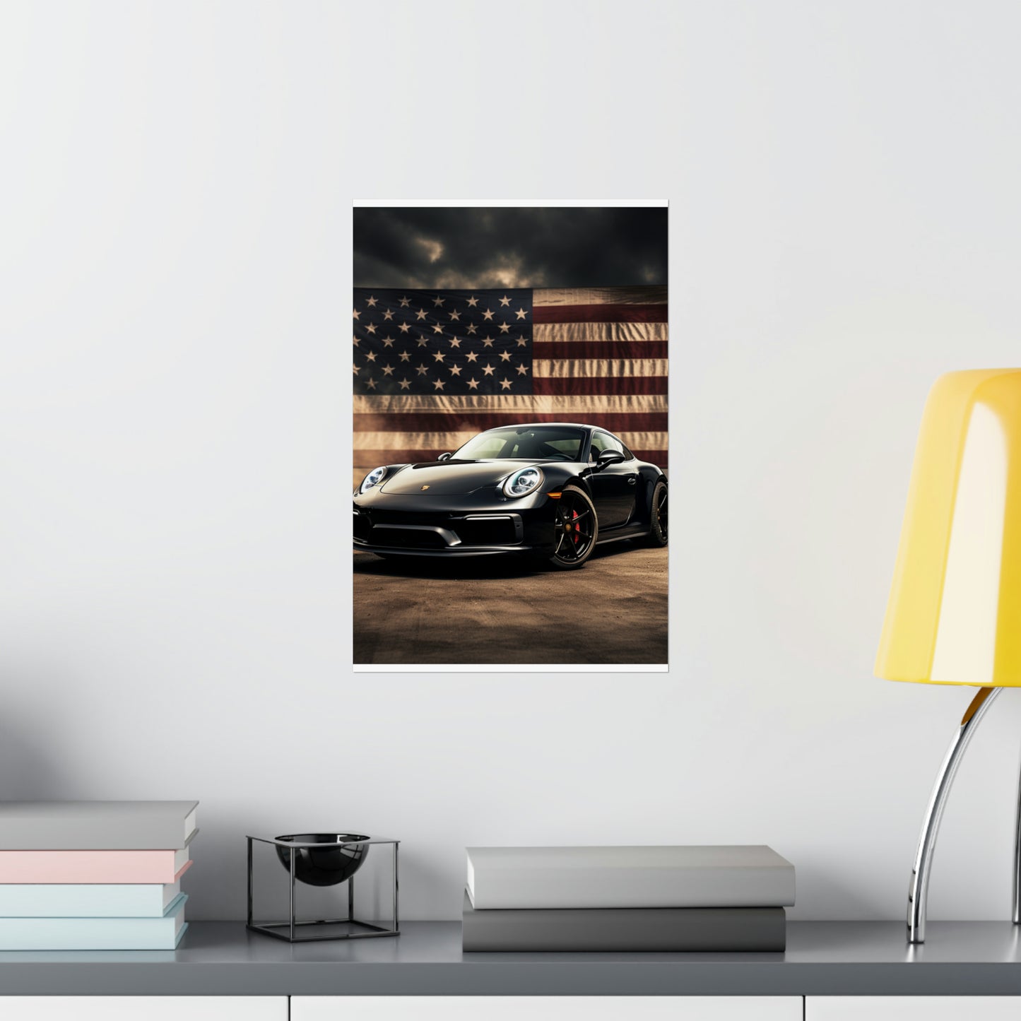 Premium Matte Vertical Posters American Flag Background Porsche 4