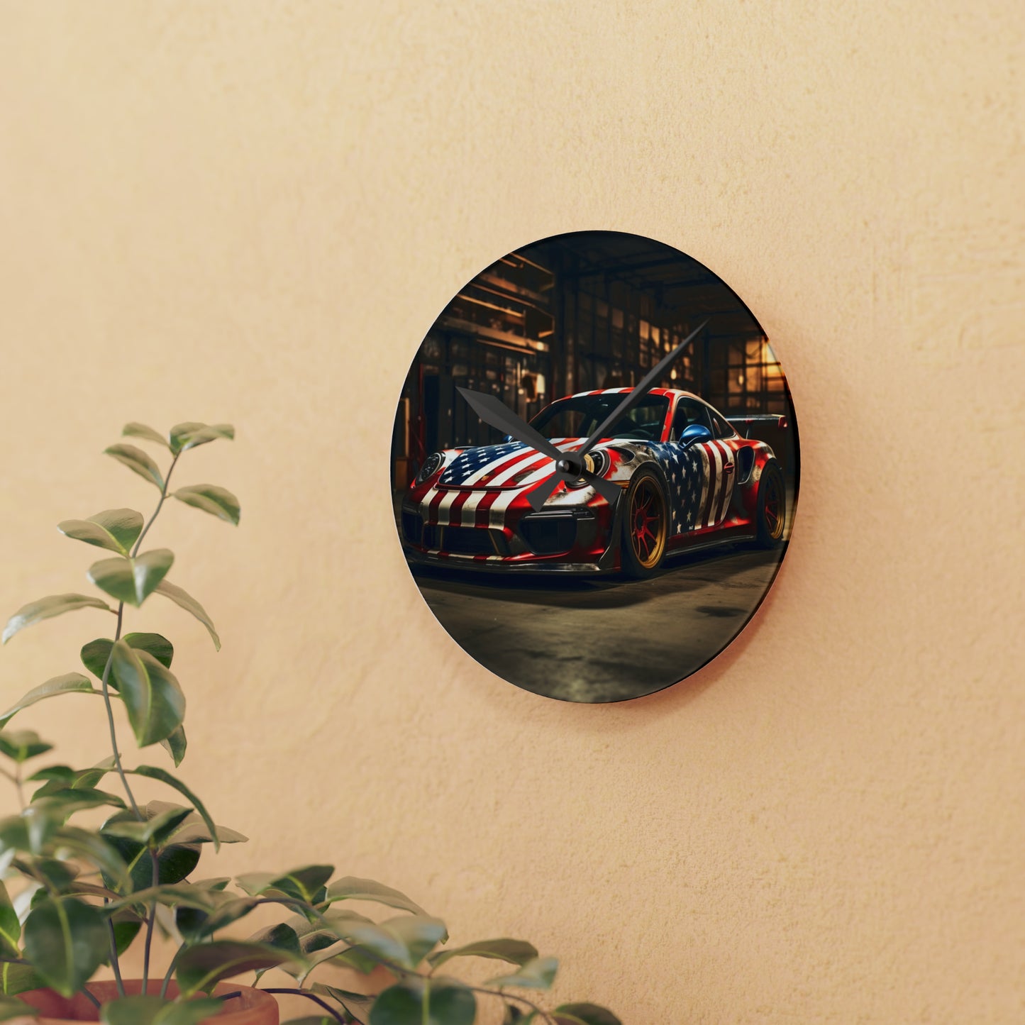 Acrylic Wall Clock American Flag Porsche 4