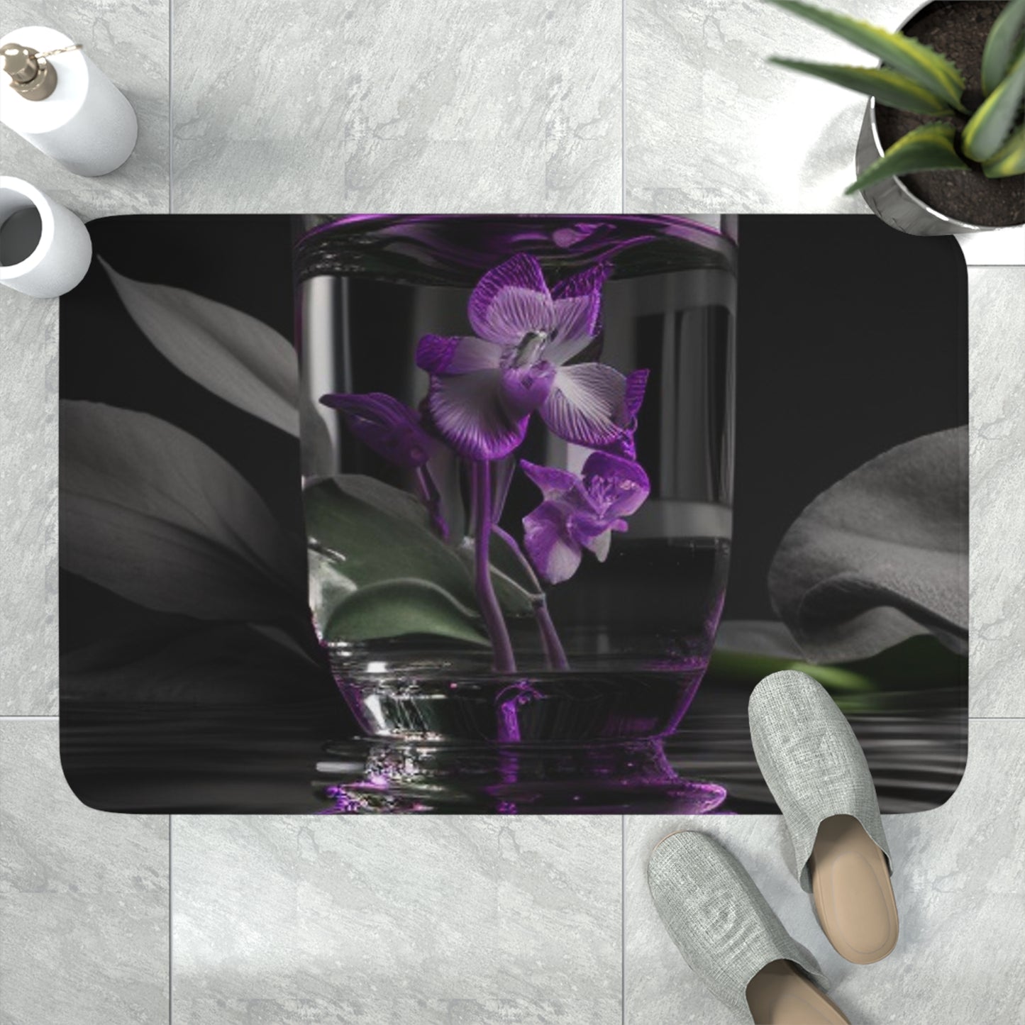 Memory Foam Bath Mat Purple Orchid Glass vase 1