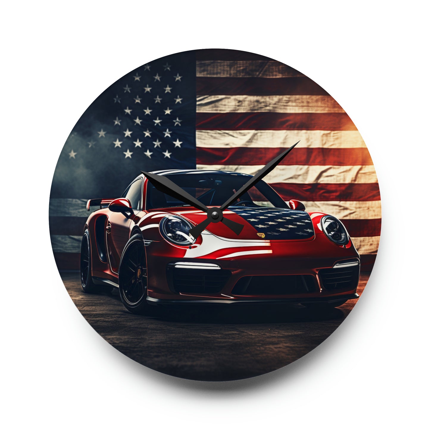 Acrylic Wall Clock American Flag Background Porsche 2