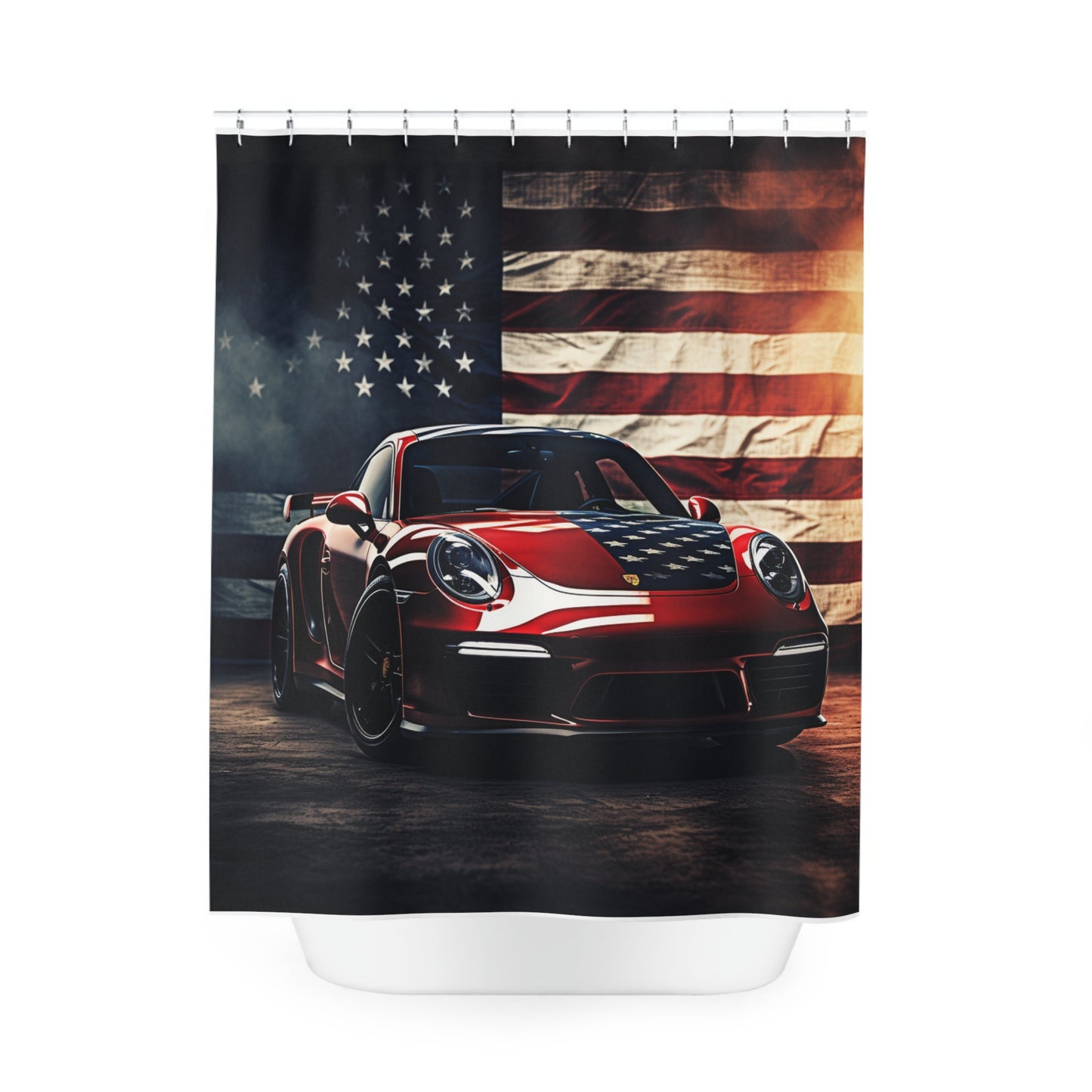Polyester Shower Curtain American Flag Background Porsche 2